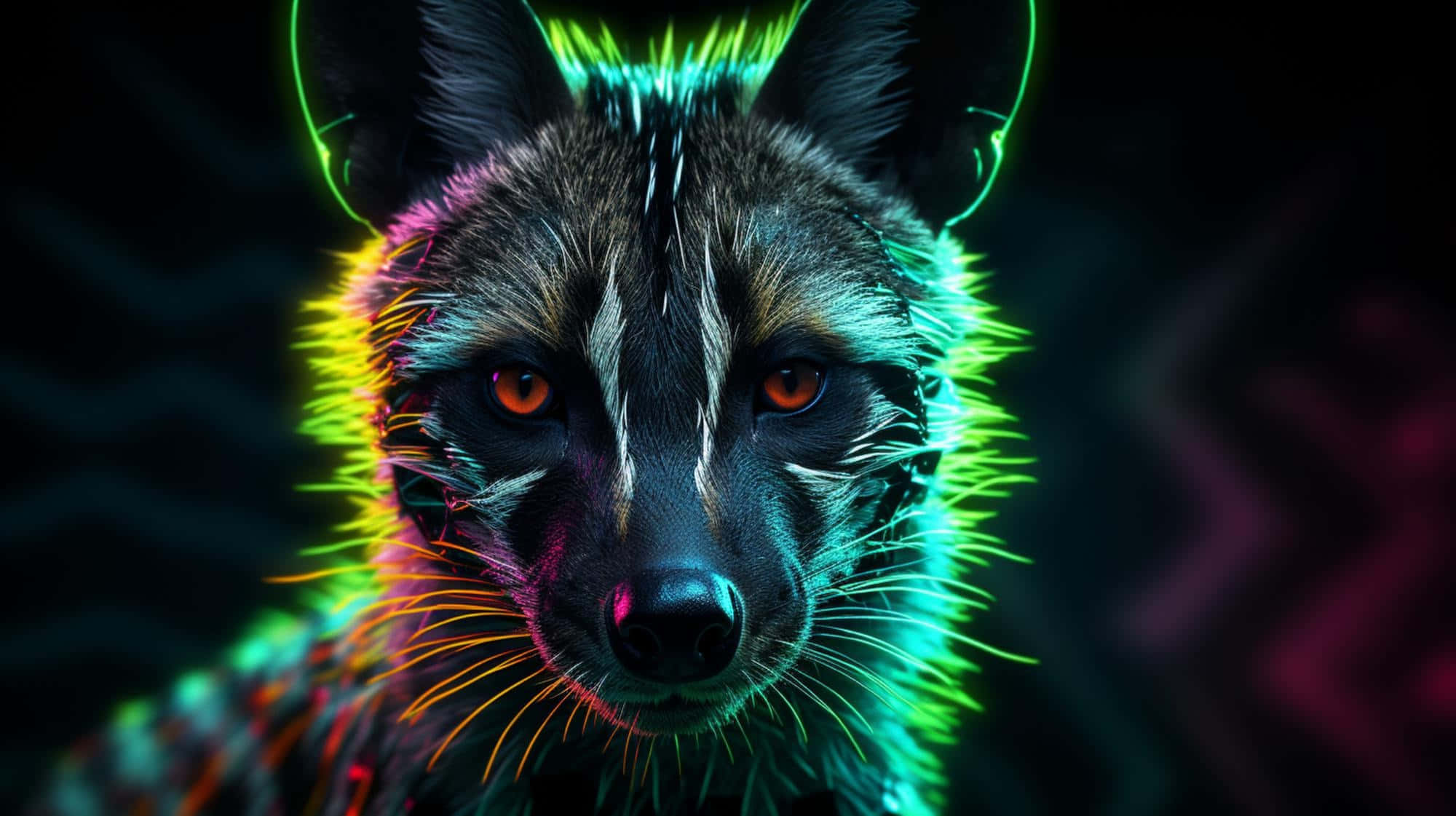 Neon Glow Aardwolf Portrait, glowing neon fur, intense orange eyes, Full HD Desktop Wallpaper