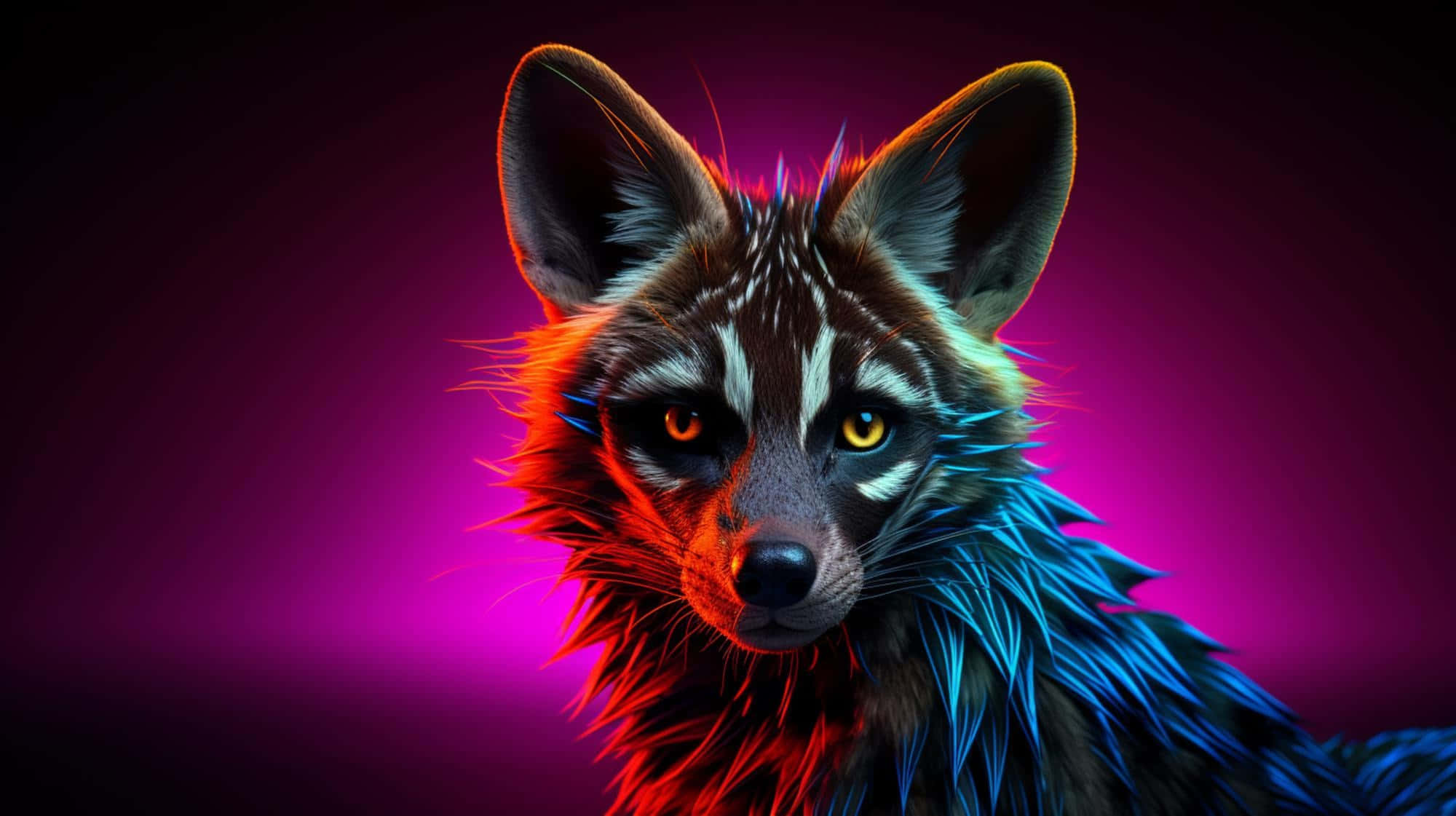 Aardwolf, neon red and blue fur, vibrant purple gradient background, Full HD Desktop Wallpaper