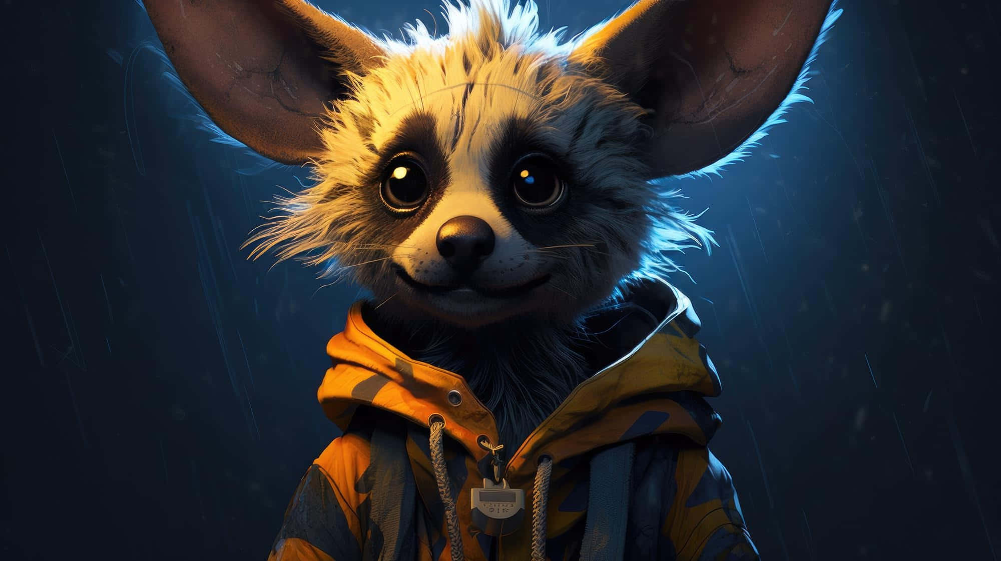 Aardwolf, yellow hooded jacket, rainlit blue darkness, Full HD Desktop Wallpaper
