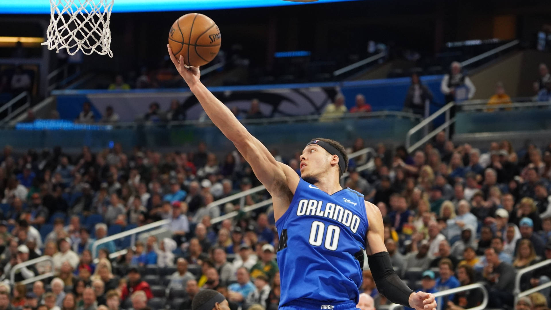 Aaron Gordon, blue Orlando jersey, dunks the ball, Full HD Desktop Wallpaper