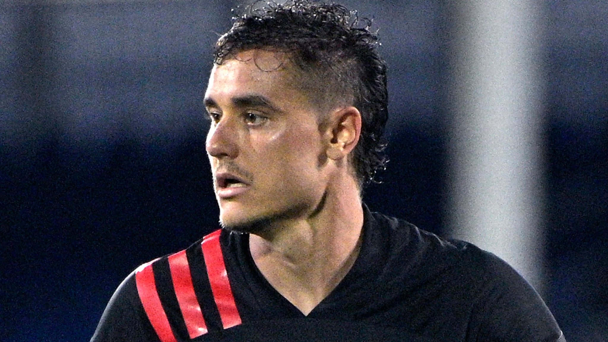 Aaron Long, black and red striped jersey, stadium lights, Full HD Desktop Wallpaper