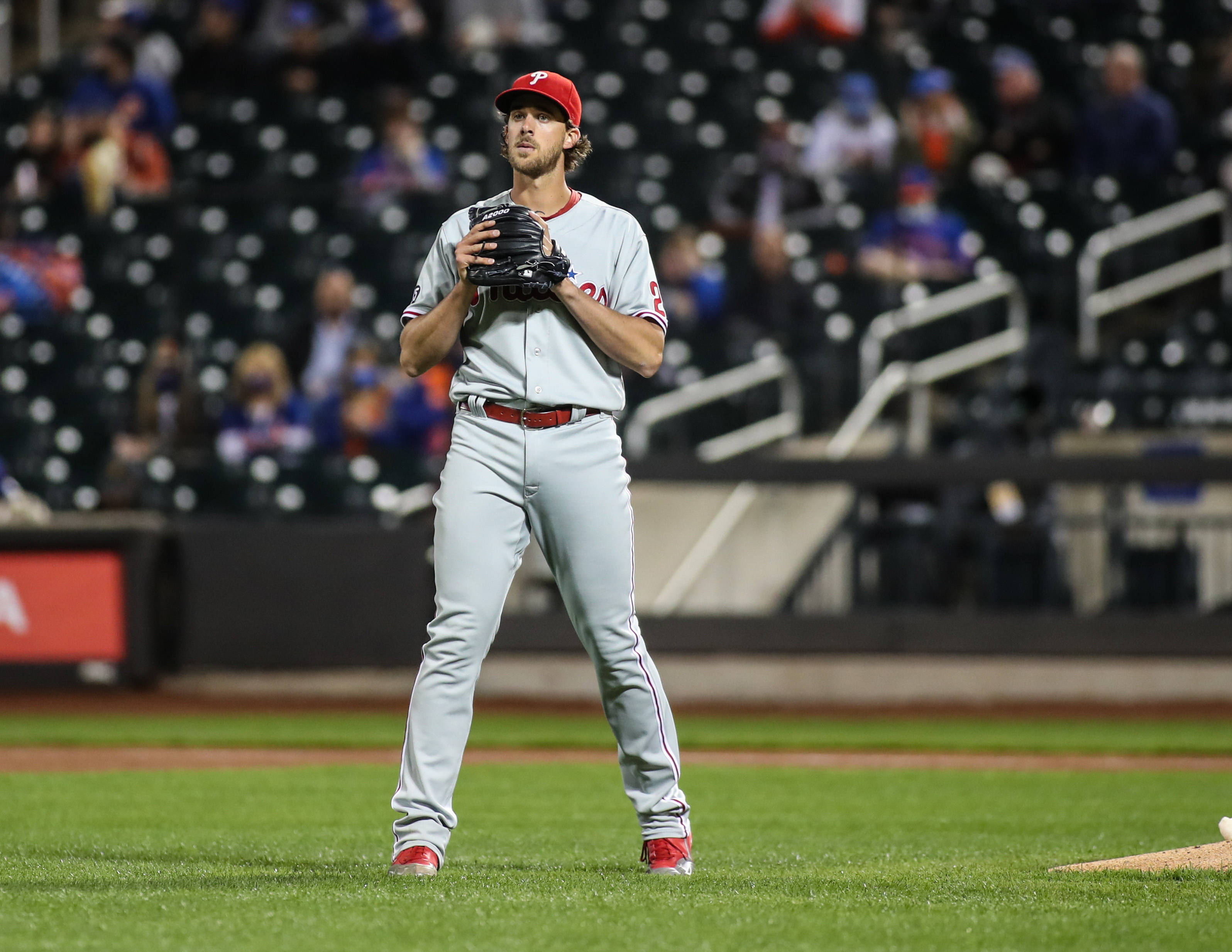 Aaron Nola, gray uniform, green field, 2K Desktop Wallpaper