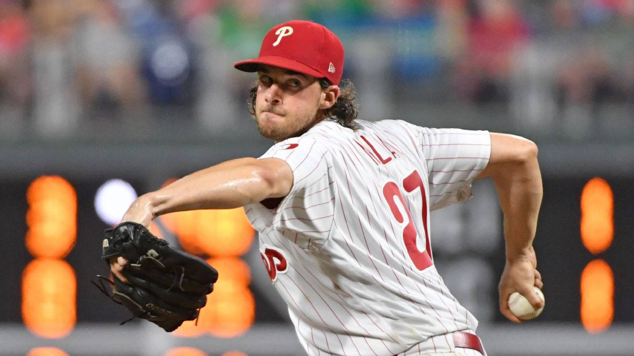 Aaron Nola, stadium lights, red cap, HD Desktop Wallpaper