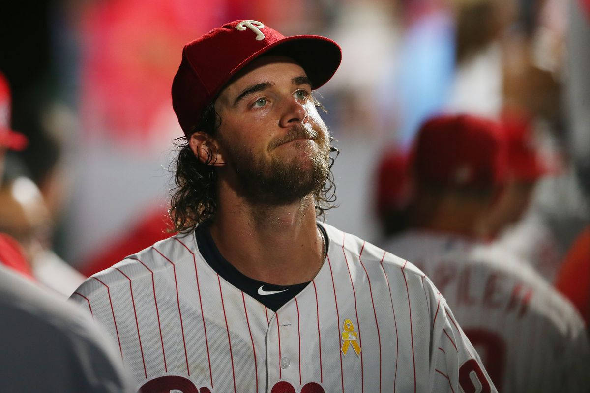 Aaron Nola, red cap, pinstripe uniform, SD Desktop Wallpaper