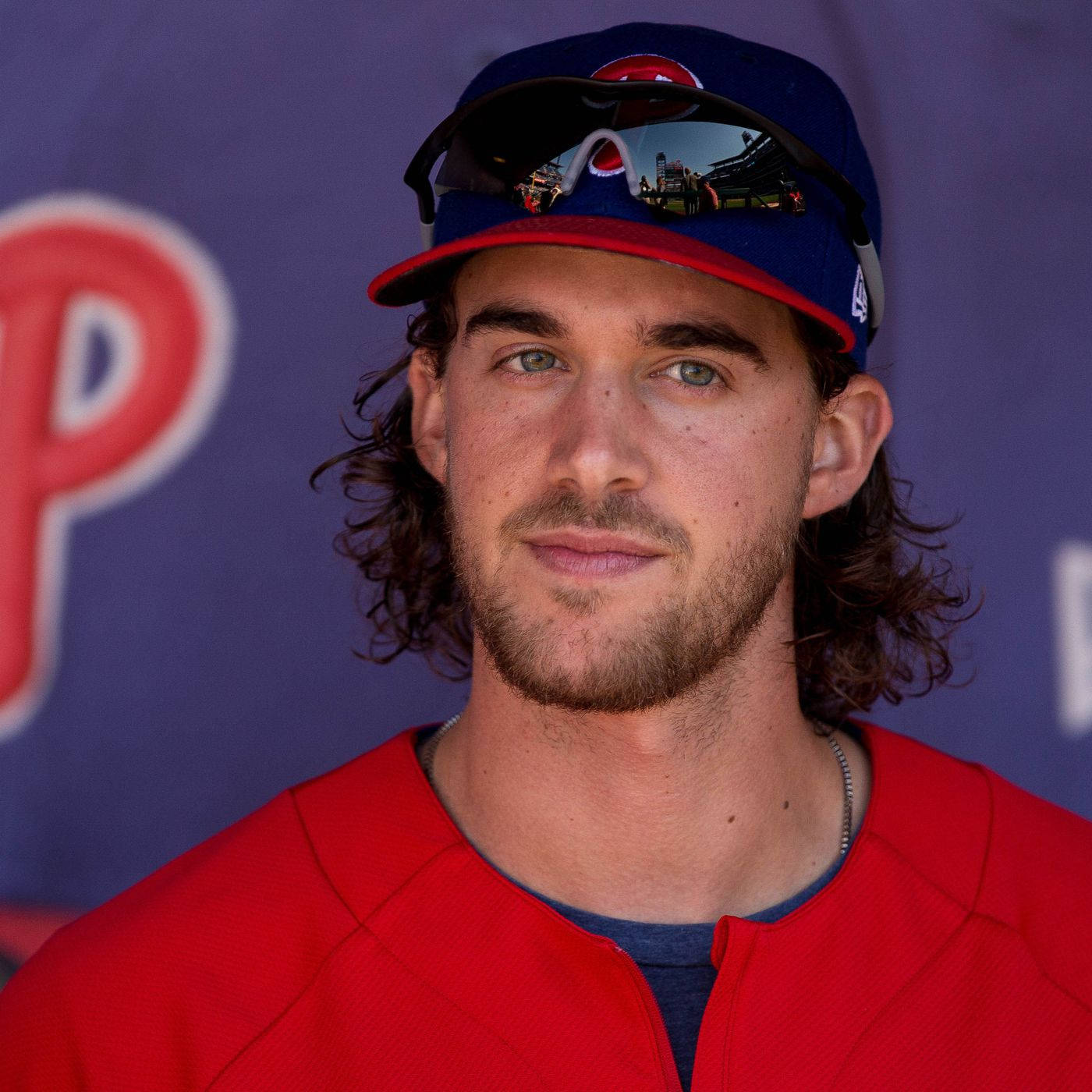 Aaron Nola, red jersey, blue cap, HD Desktop Wallpaper