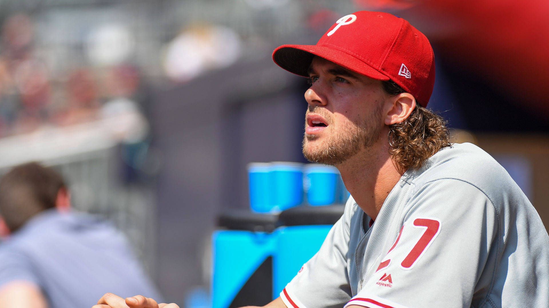 Aaron Nola, red cap, gray jersey, Full HD Desktop Wallpaper