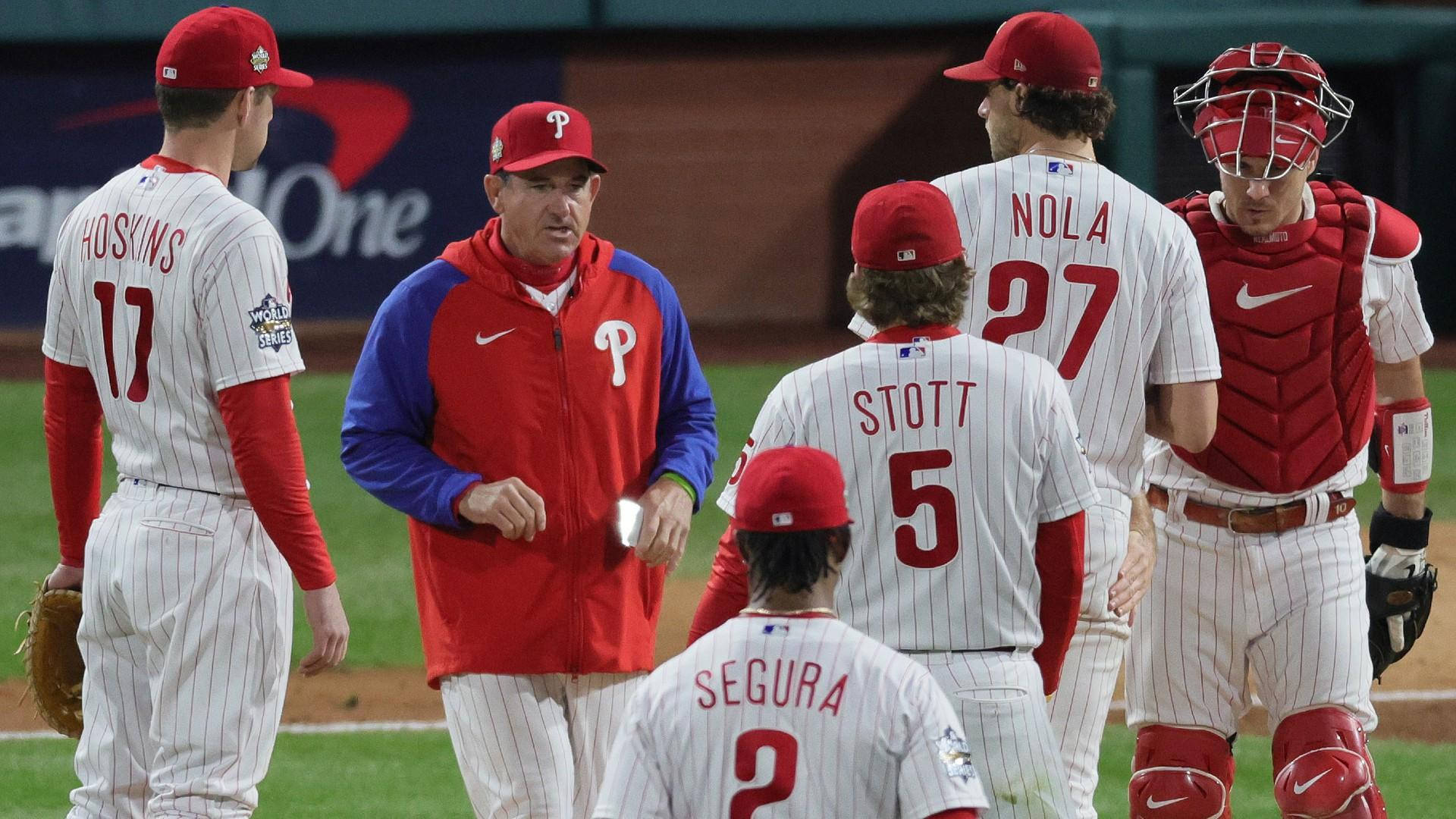Aaron Nola, red jacket, pinstripe uniforms, Full HD Desktop Wallpaper