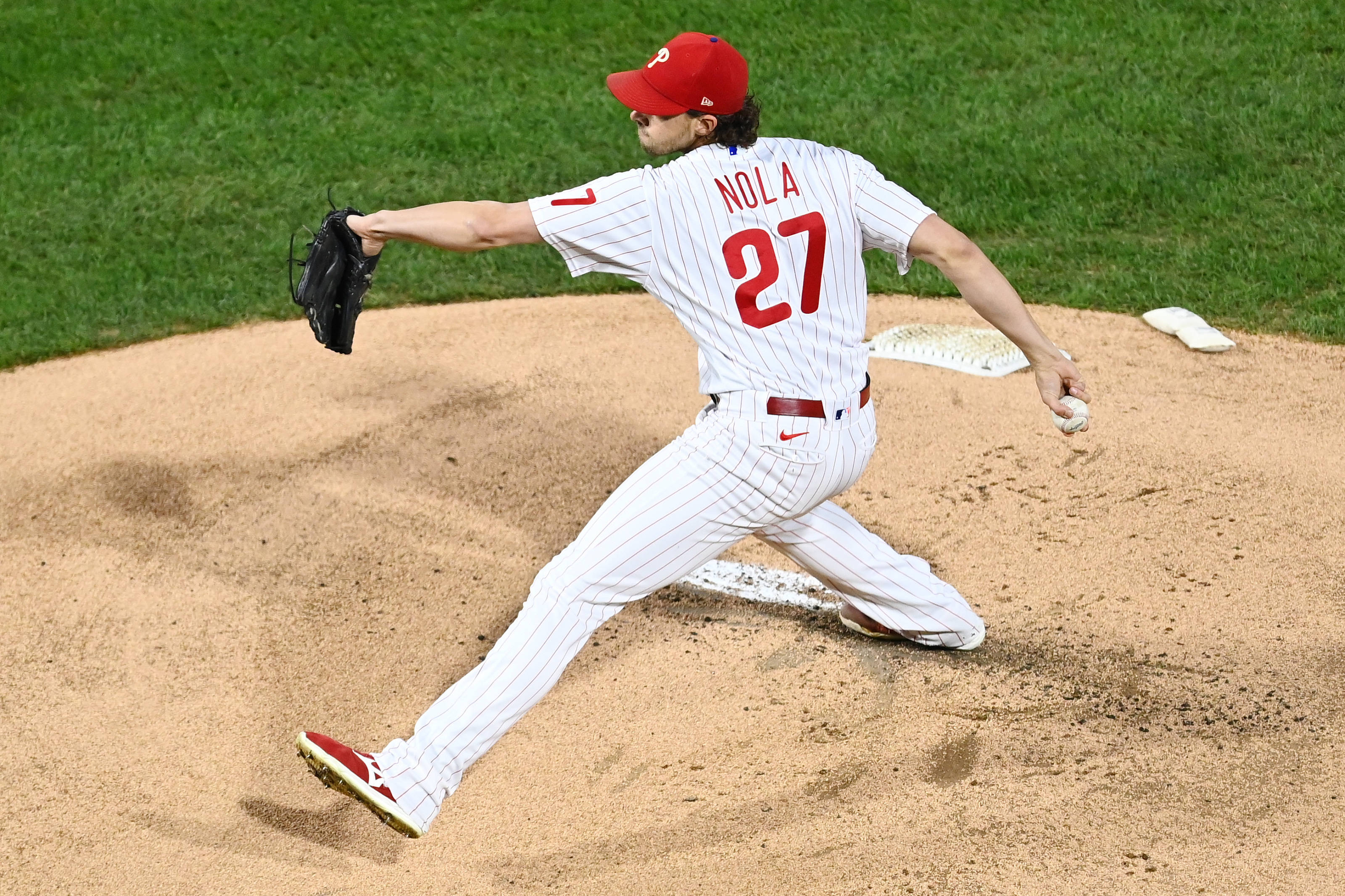 Aaron Nola, white pinstripe uniform, red number 27, 2K Desktop Wallpaper