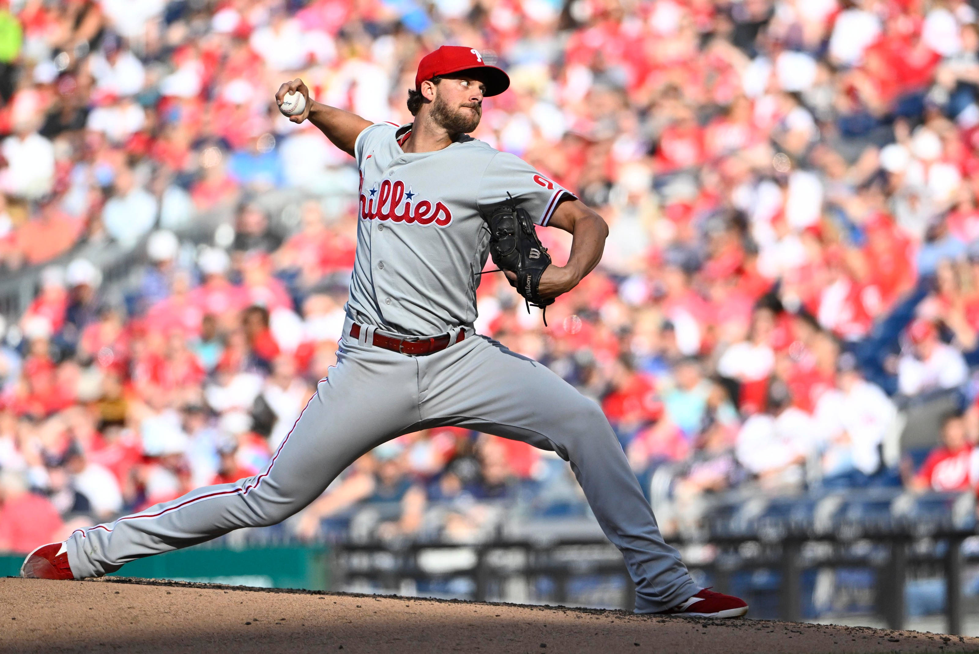 Aaron Nola, grey Phillies uniform, red and white fans, 2K Desktop Wallpaper