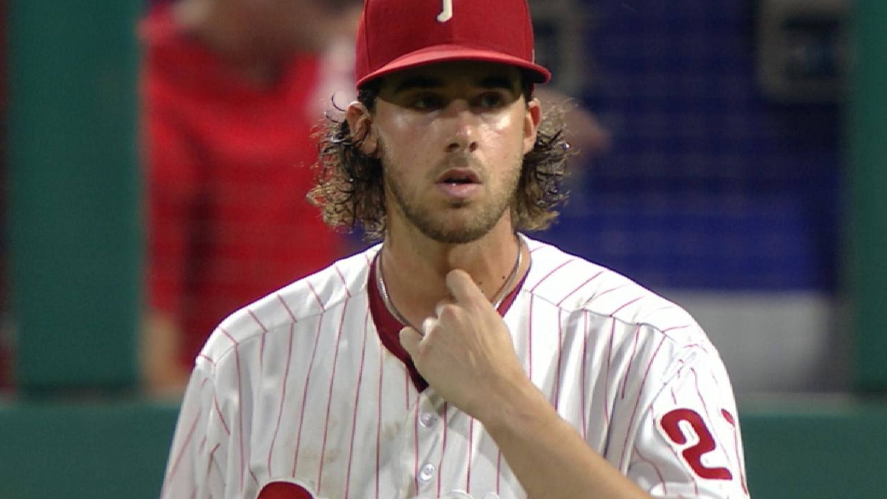 Aaron Nola, red and white pinstripe uniform, stadium lights, 2K Desktop Wallpaper
