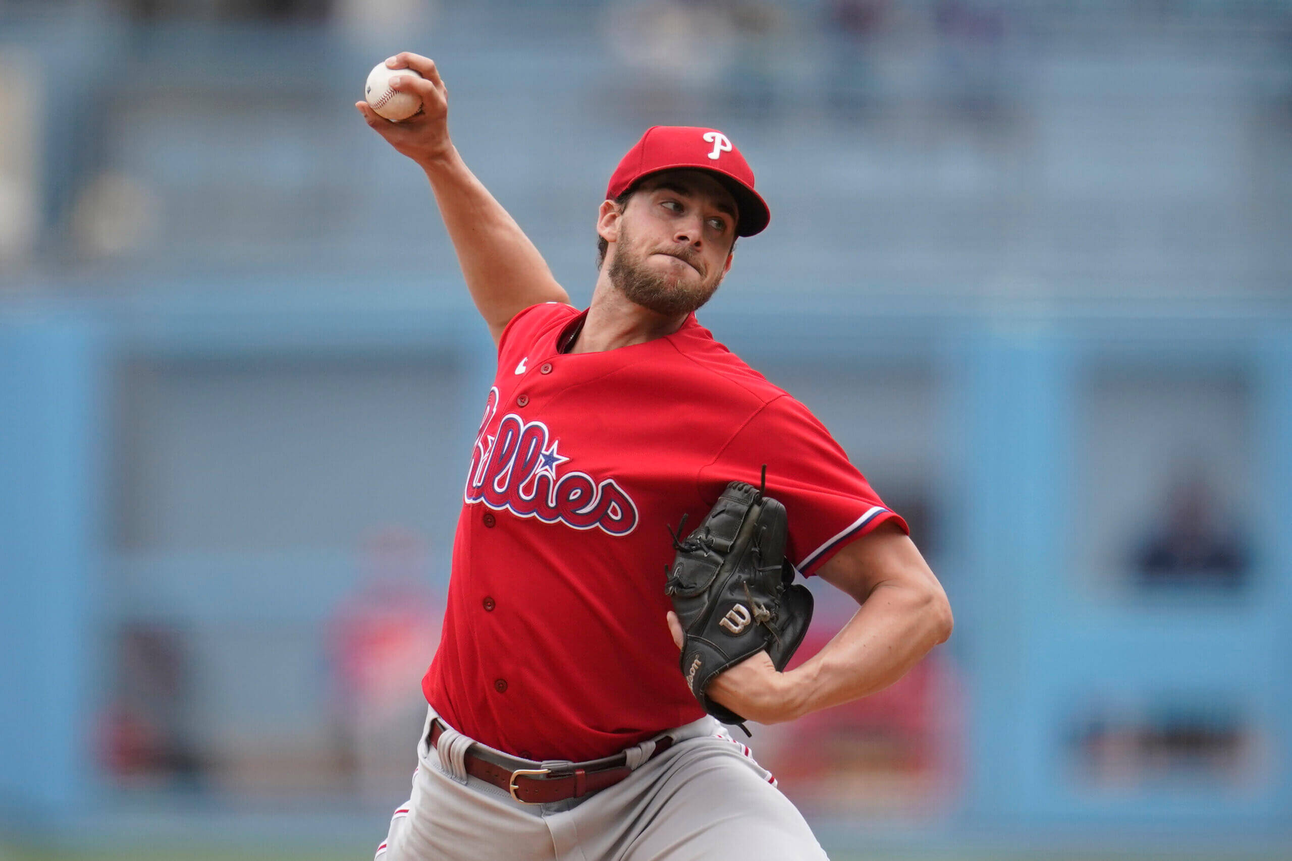Aaron Nola, red Phillies uniform, pitching, 2K Desktop Wallpaper