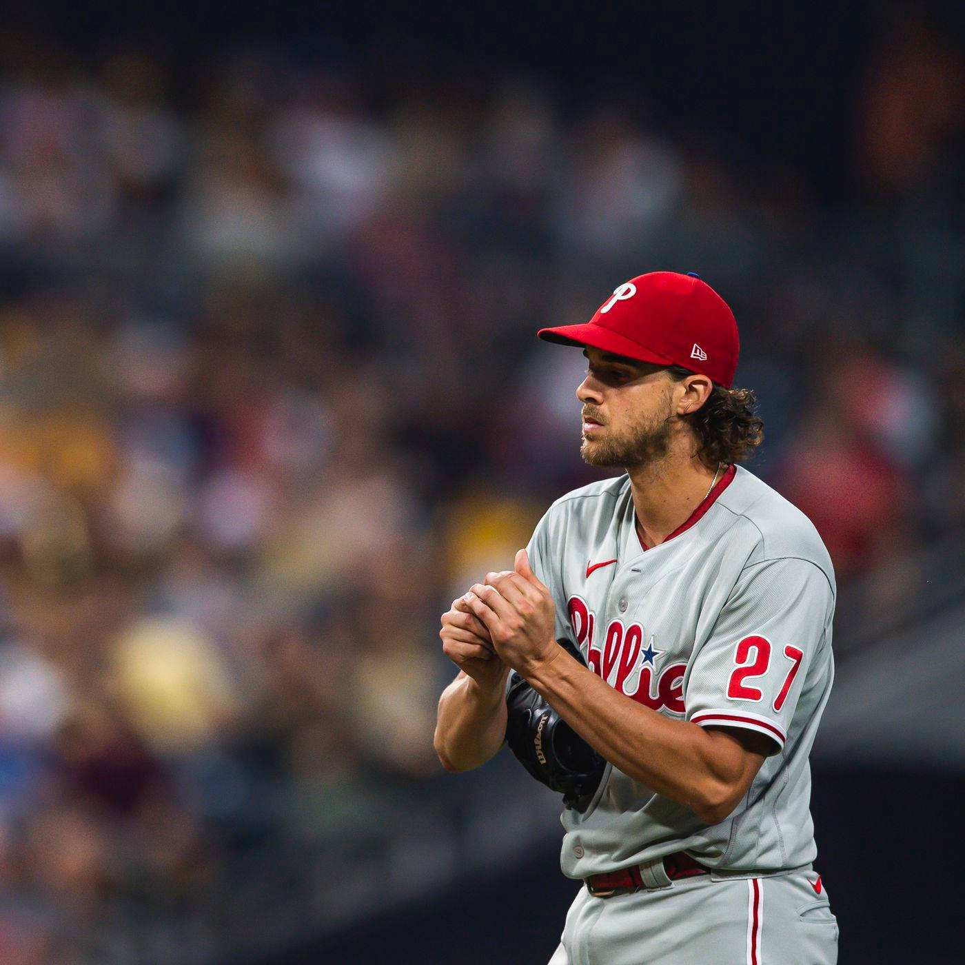 Aaron Nola, red cap, gray uniform, HD Desktop Wallpaper