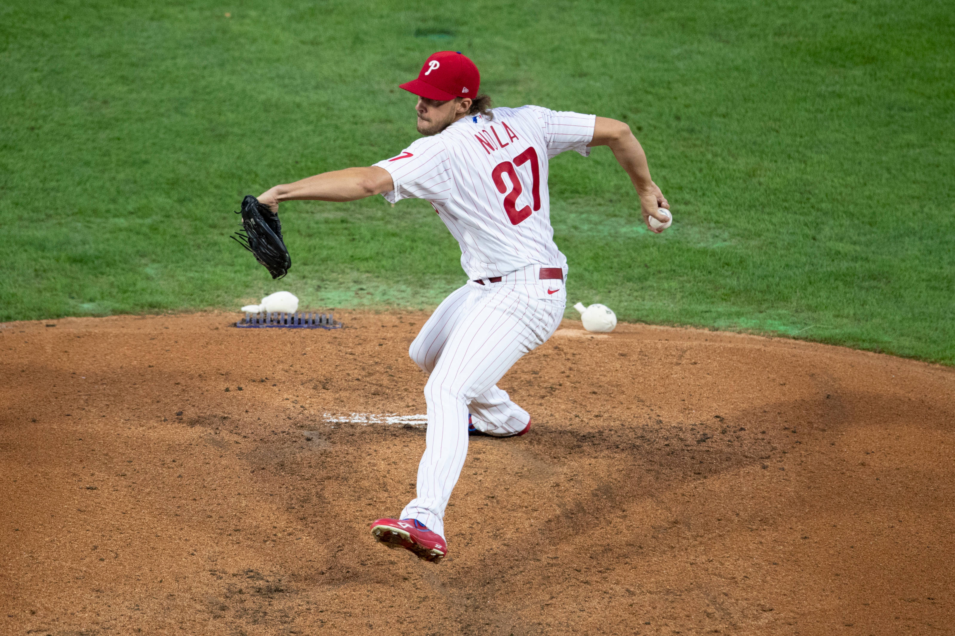Aaron Nola, white pinstripe uniform, red cap, 2K Desktop Wallpaper
