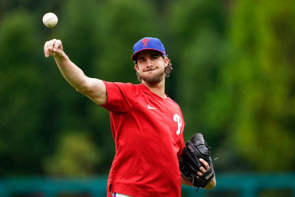 Aaron Nola, red jersey, blue cap, SD Desktop Wallpaper