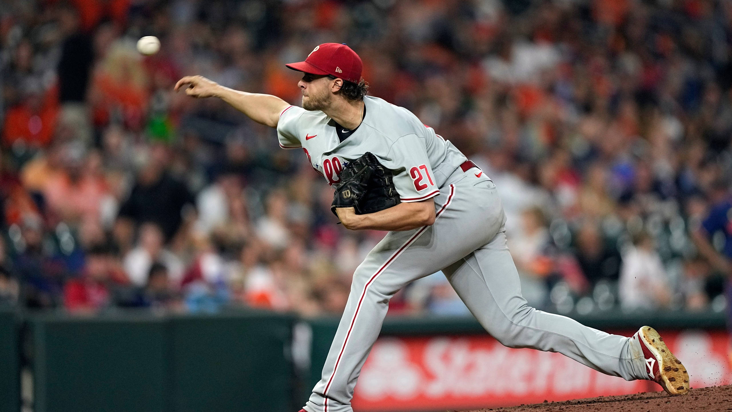 Aaron Nola, gray uniform, red cap, 2K Desktop Wallpaper
