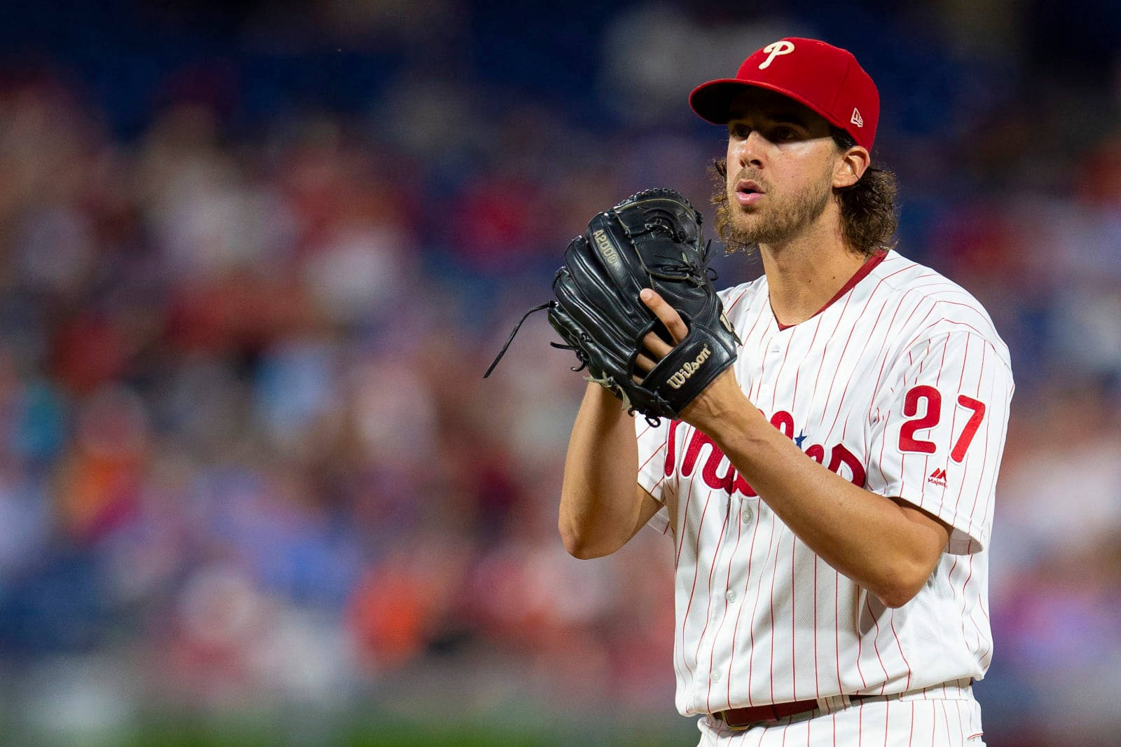 Aaron Nola, red cap, white pinstripe uniform, HD Desktop Wallpaper