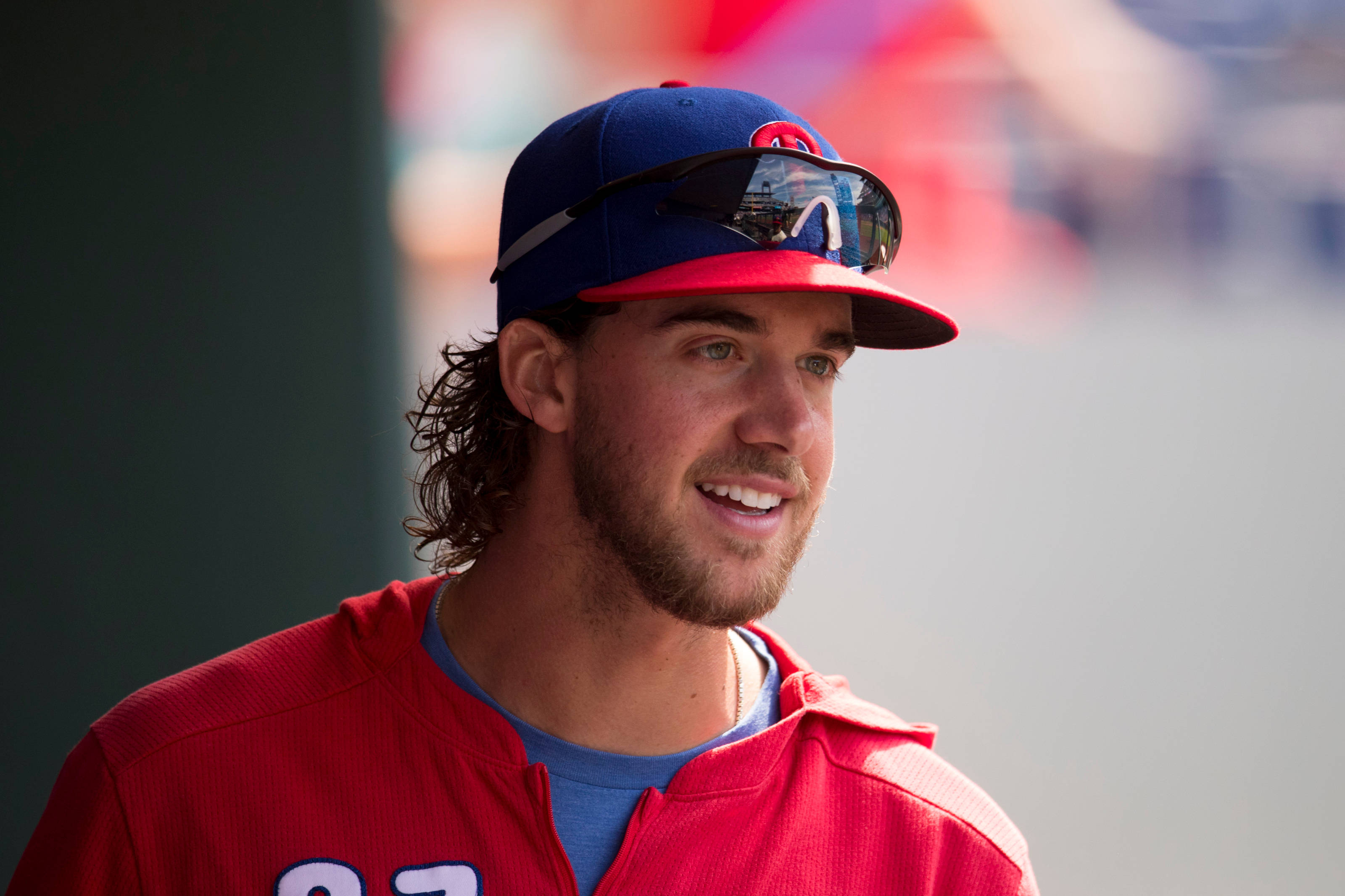 Aaron Nola, red jersey, blue cap, 2K Desktop Wallpaper