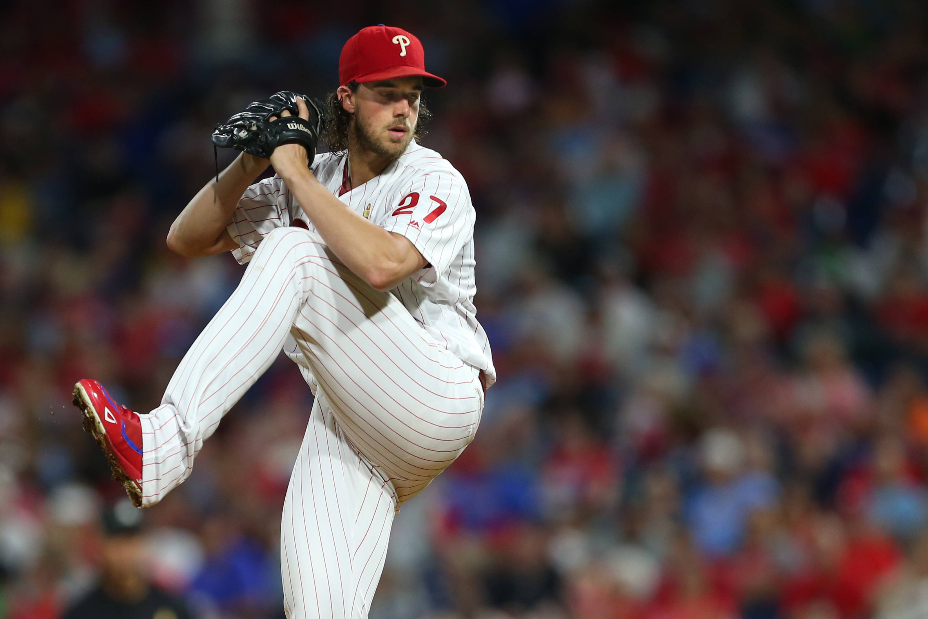 Aaron Nola, white pinstripe uniform, red cap, 2K Desktop Wallpaper