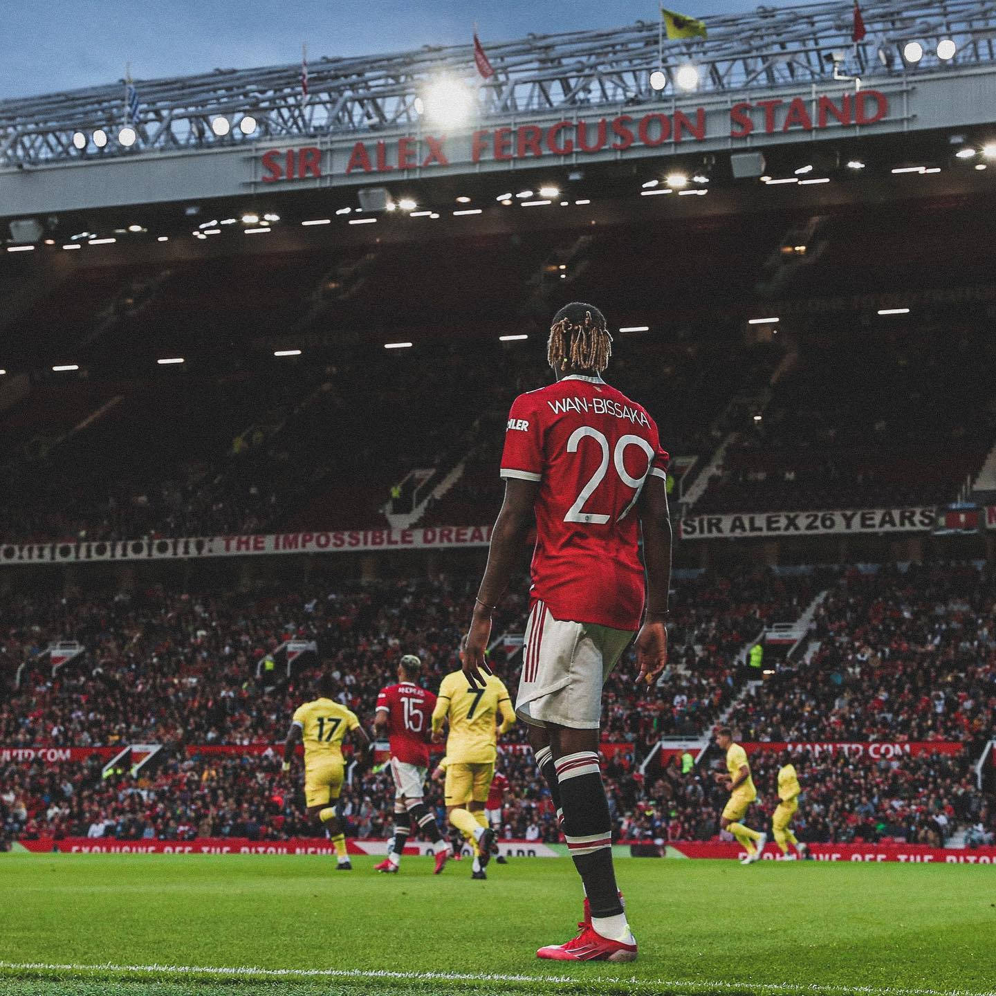Aaron Wan-Bissaka, red jersey, stadium pitch, HD Desktop Wallpaper