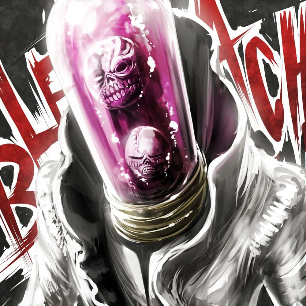 Aaroniero Arruruerie, glowing purple vial, two skulls with sharp teeth, SD Desktop Wallpaper