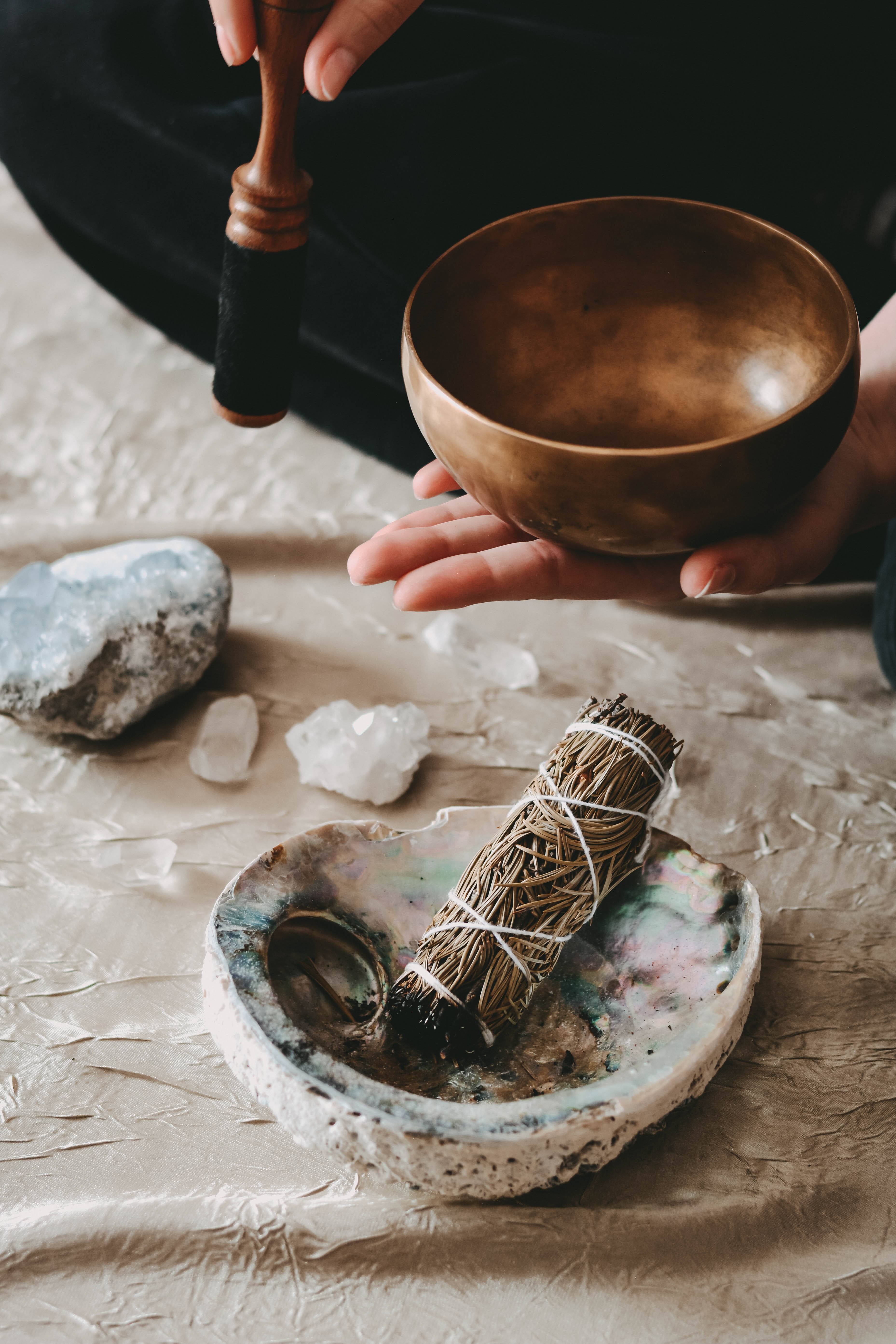 sage, abalone bowl, brass singing bowl, 5K Phone Wallpaper
