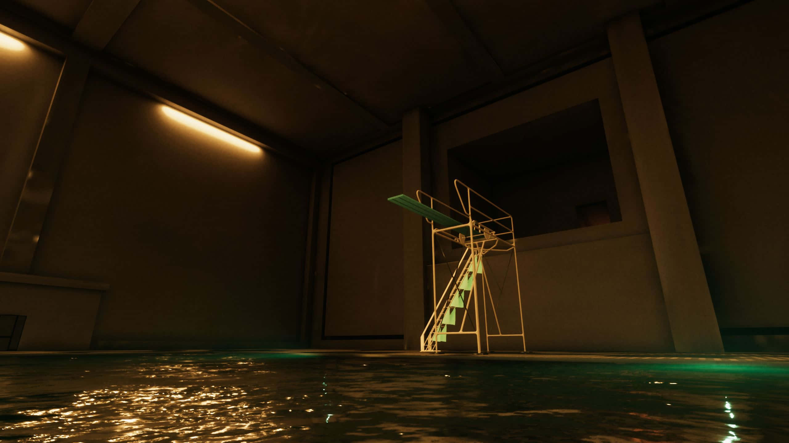 indoor pool, night, green diving board, 2K Desktop Wallpaper