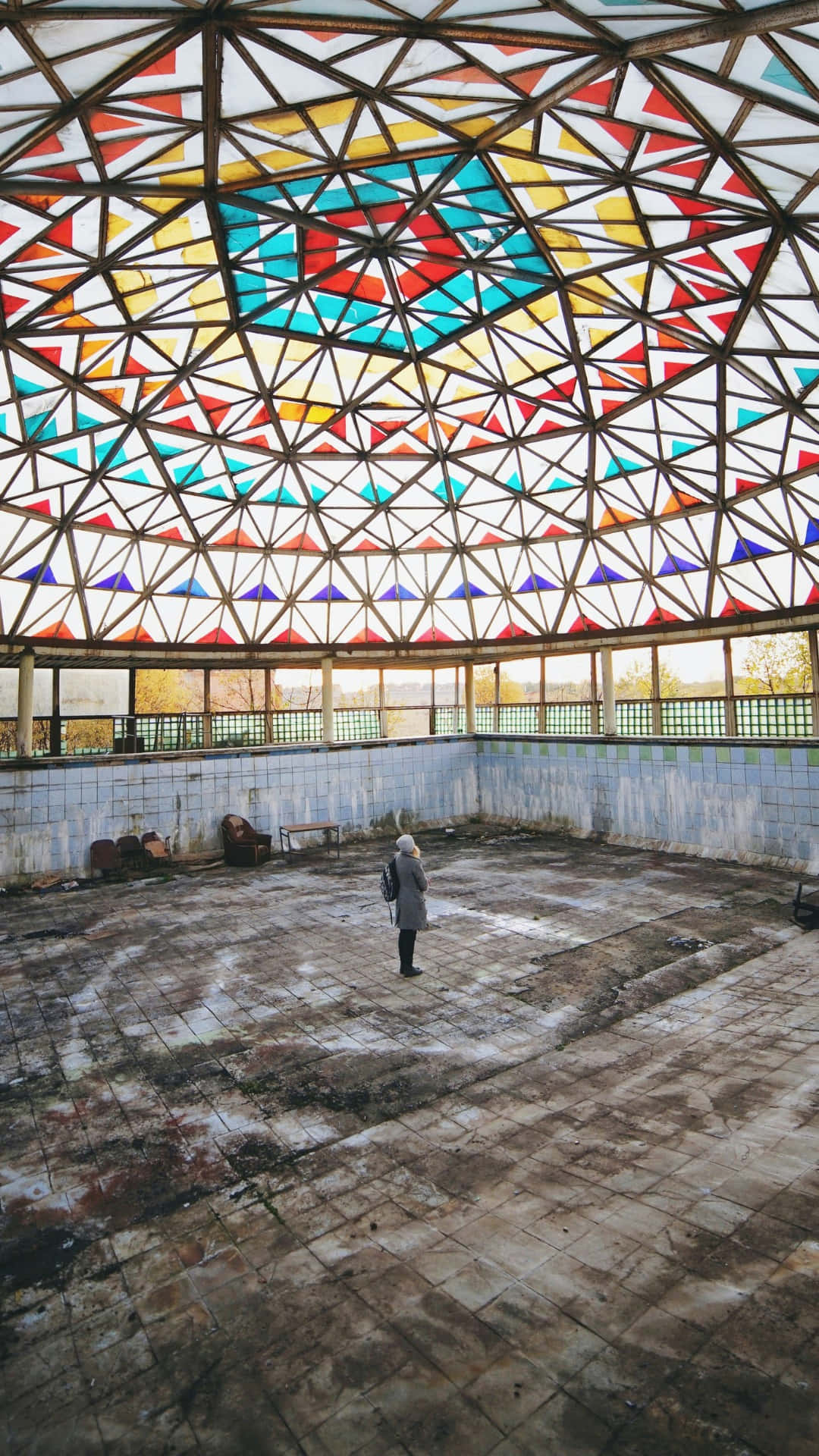 abandoned pool, domed structure, vibrant geometric stained glass ceiling, Full HD Phone Wallpaper