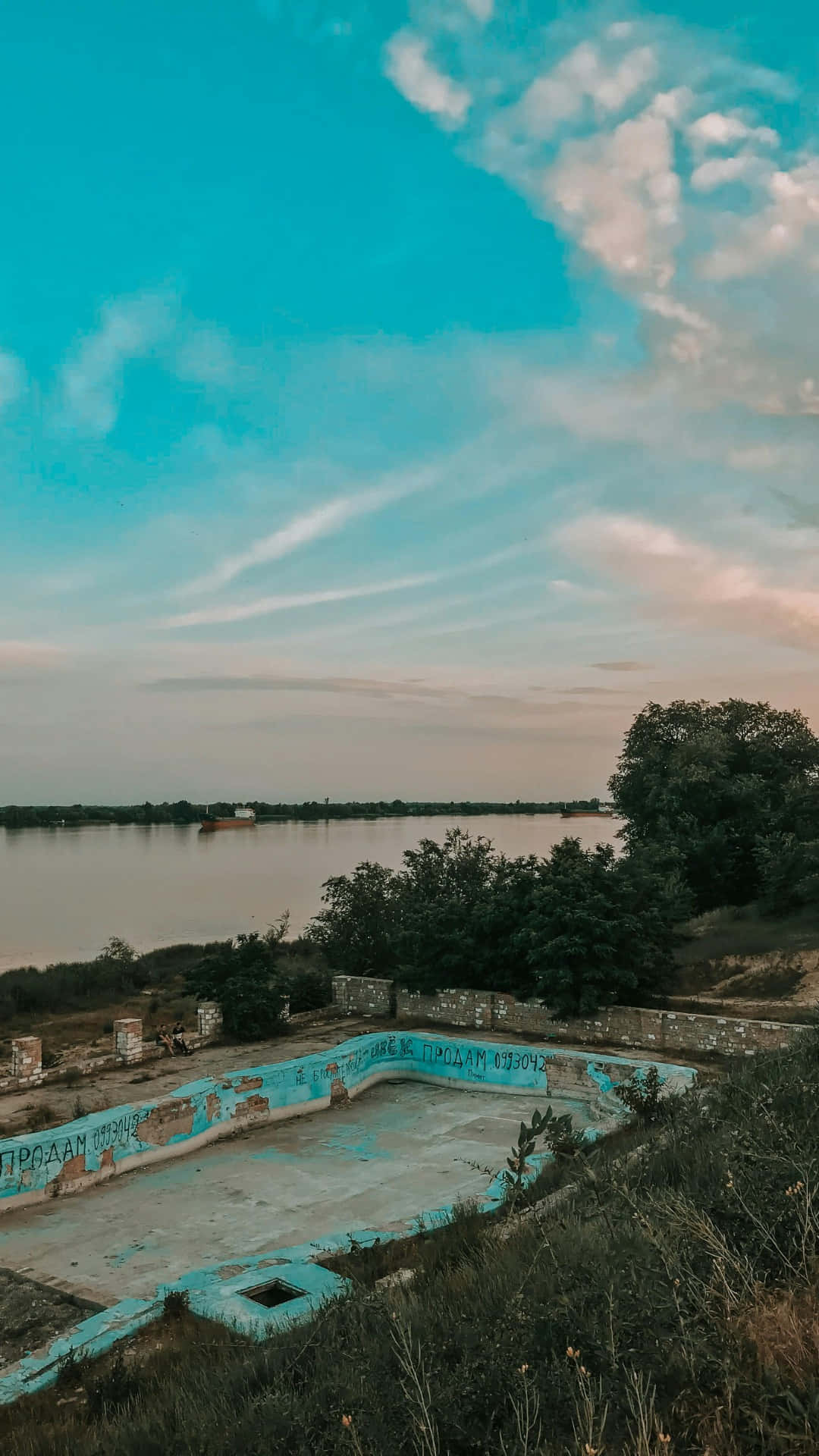abandoned pool, lake, peeling blue paint, Full HD Phone Wallpaper