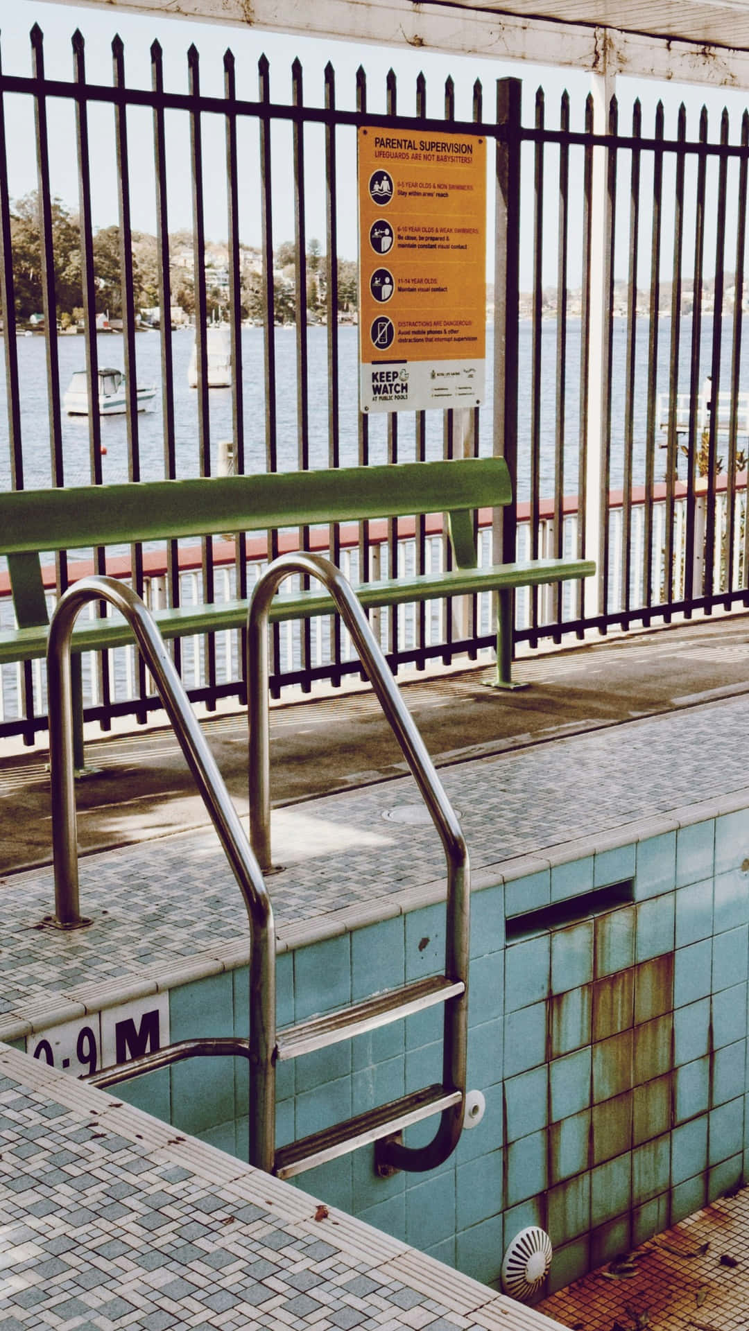 abandoned pool, teal tiles, metal ladder, Full HD Phone Wallpaper