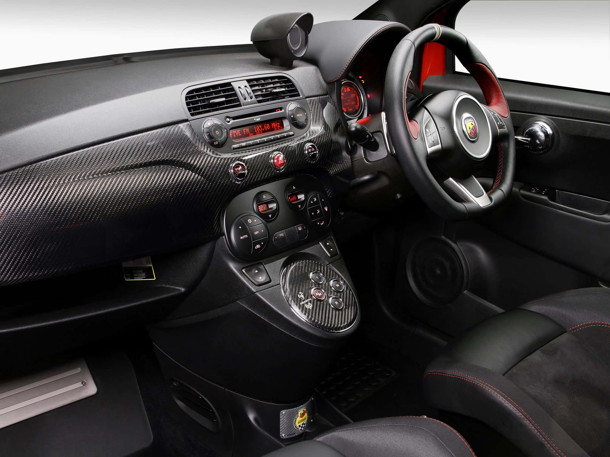 Abarth 695 Tributo Ferrari, carbon fiber dashboard, red stitching, Full HD Desktop Wallpaper
