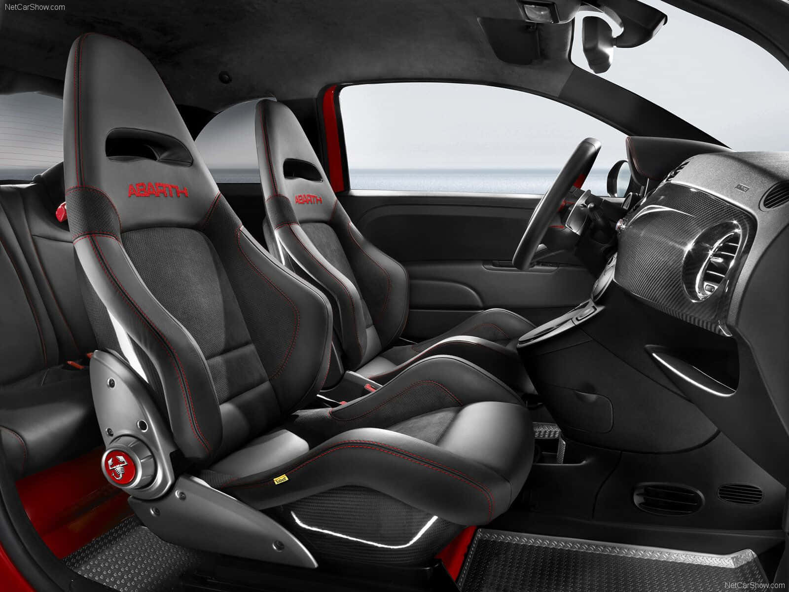 Abarth 695 Tributo Ferrari, black racing seats, red stitching, HD Desktop Wallpaper