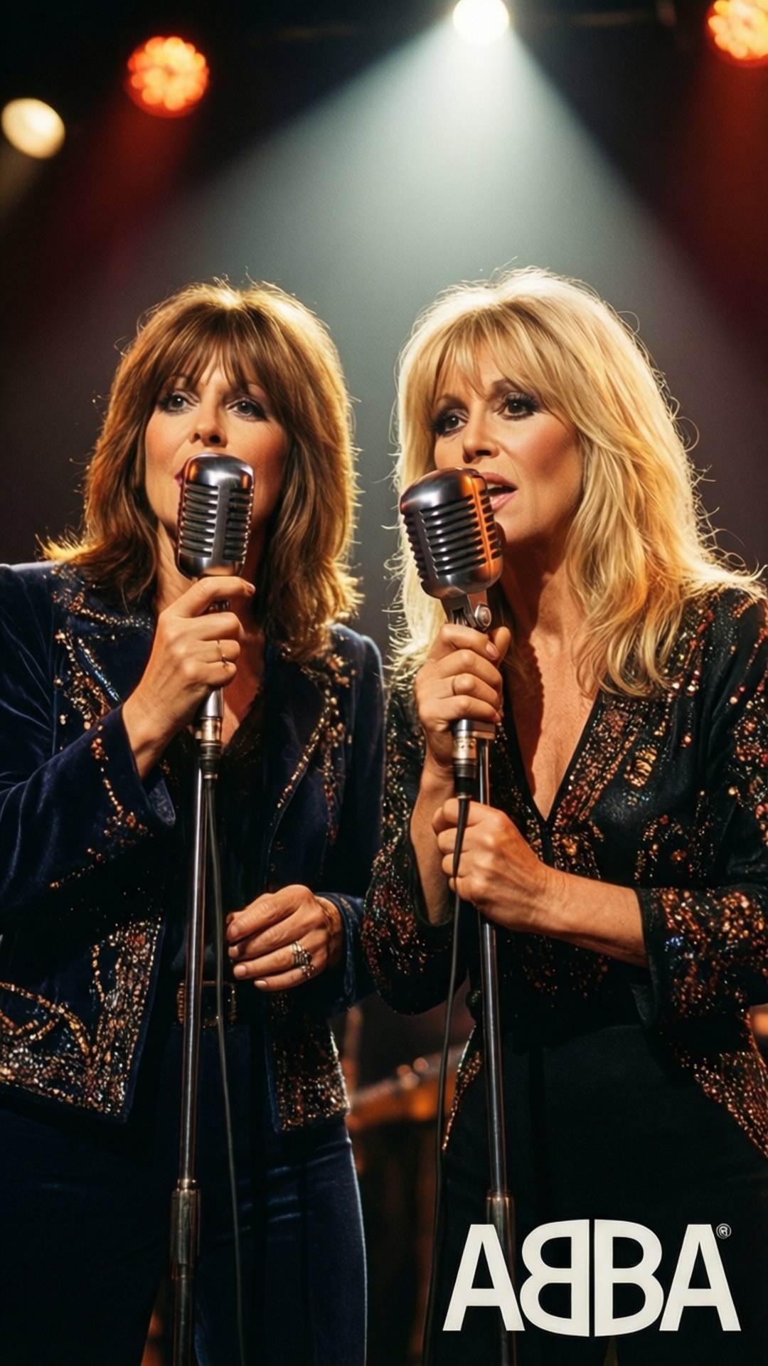ABBA, glittering dark blue outfits, vintage microphones, Full HD Phone Wallpaper