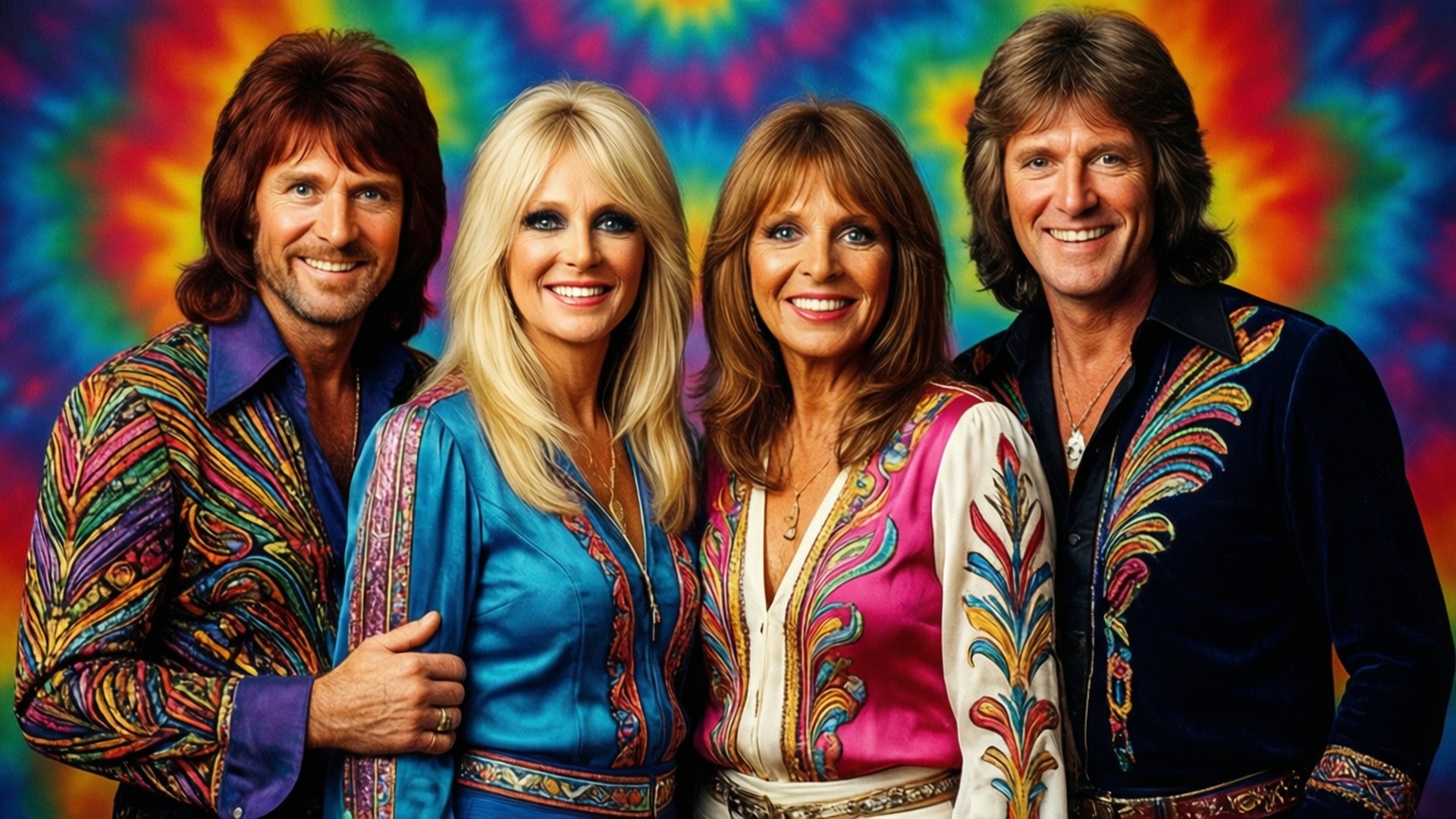 ABBA, psychedelic tie-dye shirts, swirling rainbow background, Full HD Desktop Wallpaper