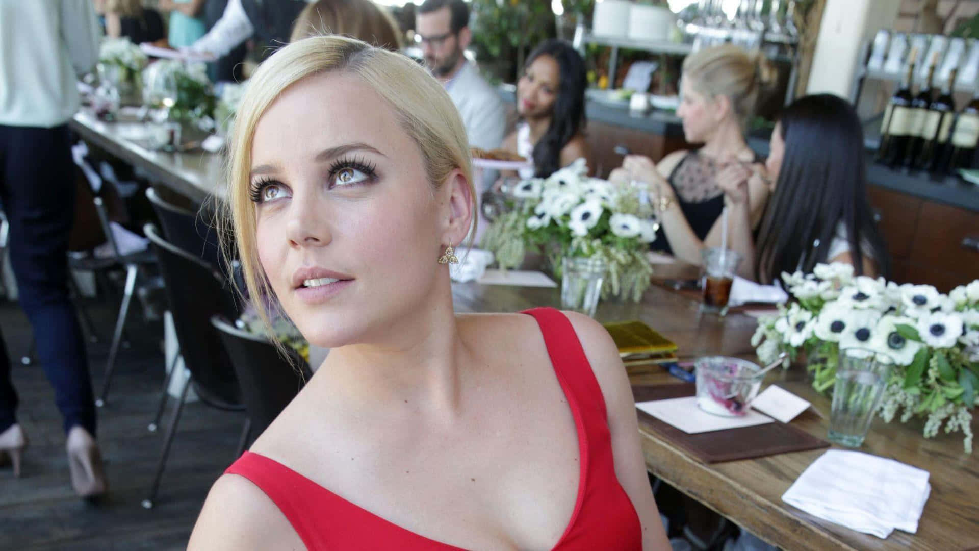 Abbie Cornish, red dress, bustling outdoor restaurant, Full HD Desktop Wallpaper