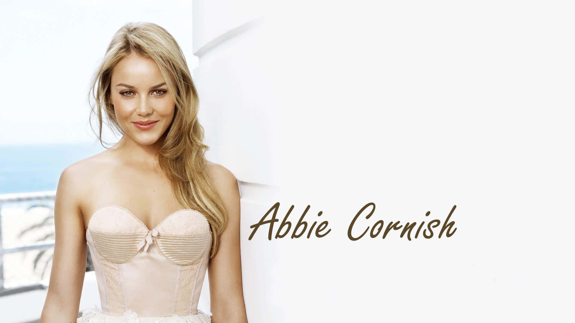 Abbie Cornish, beige corset dress, bright white background, Full HD Desktop Wallpaper