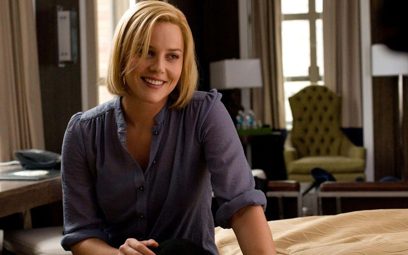 Abbie Cornish, purple shirt, yellow chair, HD Desktop Wallpaper