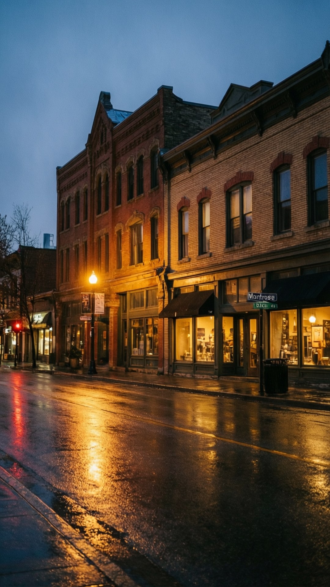 downtown Abbotsford, wet city street, dusk, Full HD Phone Wallpaper