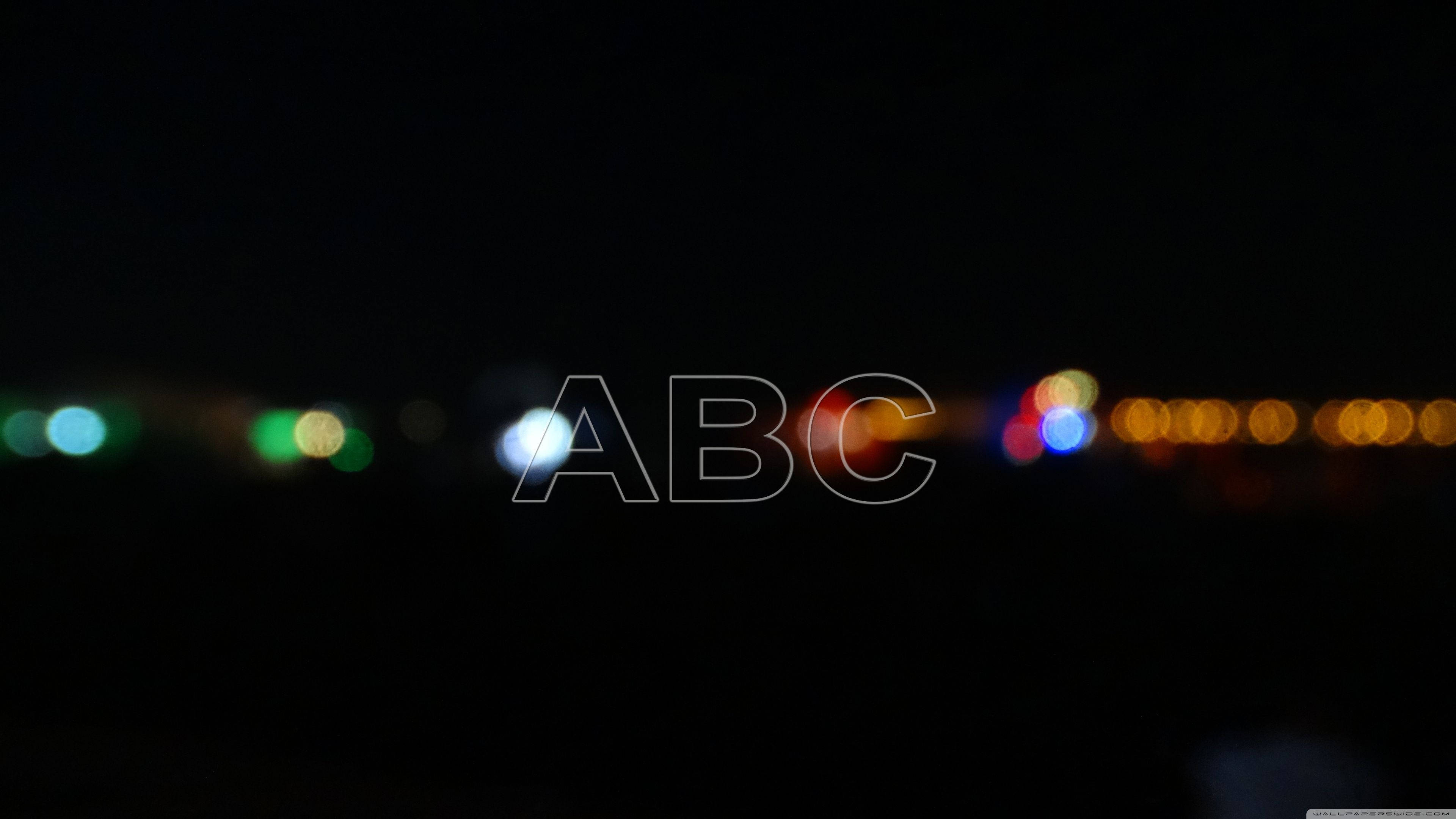 ABC, thin white outline, pitch black night sky, 4K Desktop Wallpaper