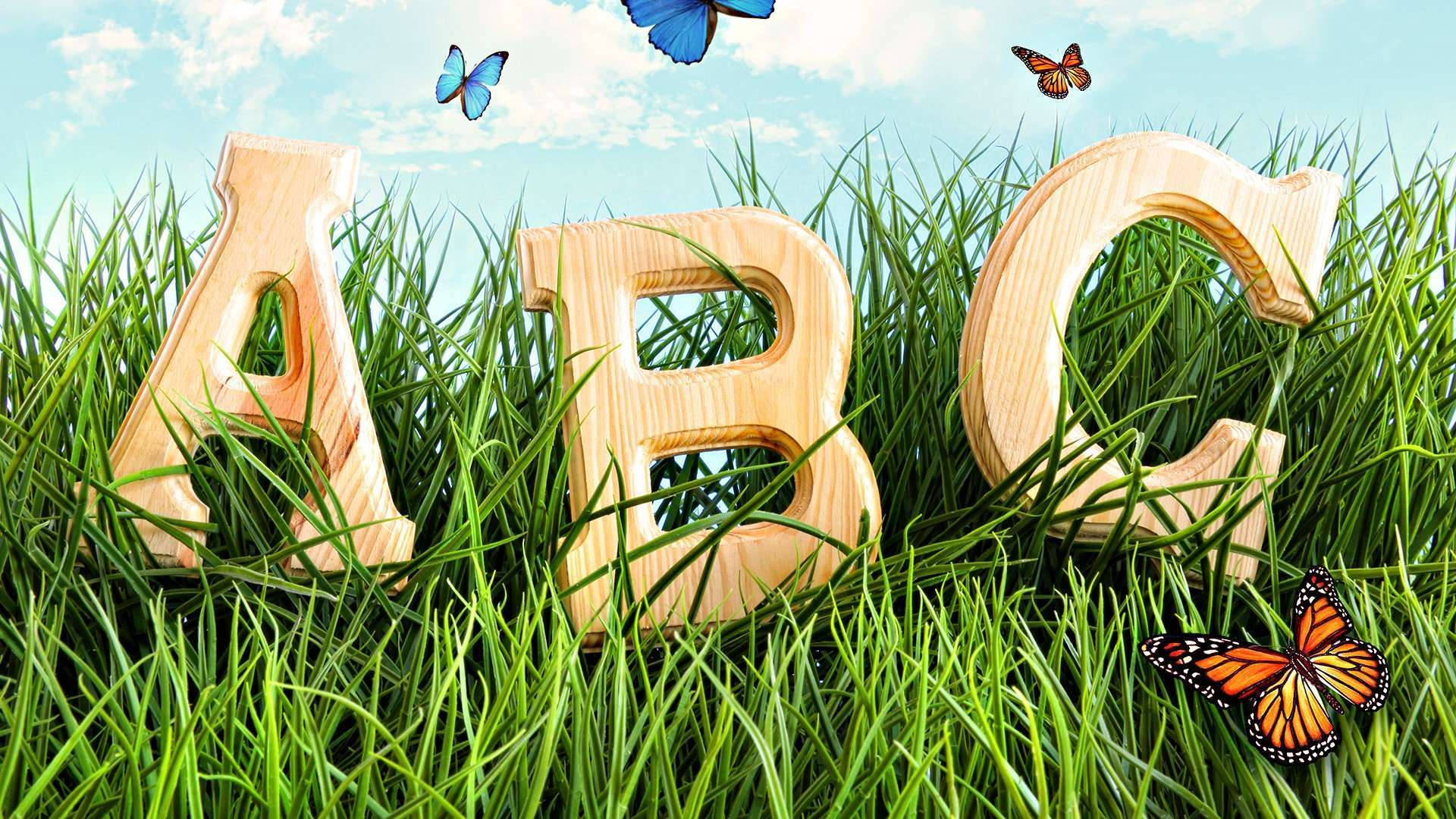 ABC letters, wooden, vibrant green grass, Full HD Desktop Wallpaper