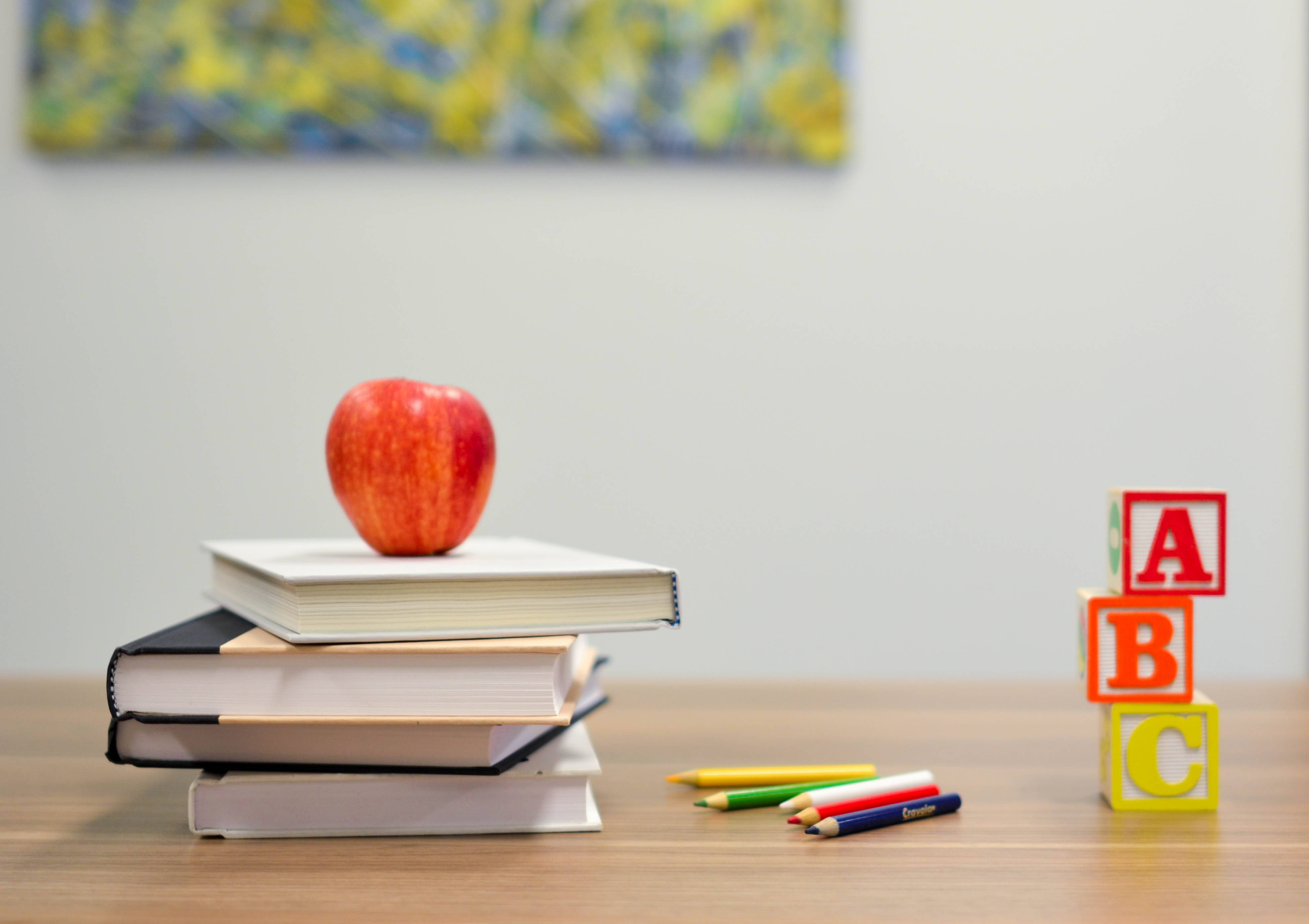 Abc Blocks, wooden desk, red apple, 4K Desktop Wallpaper