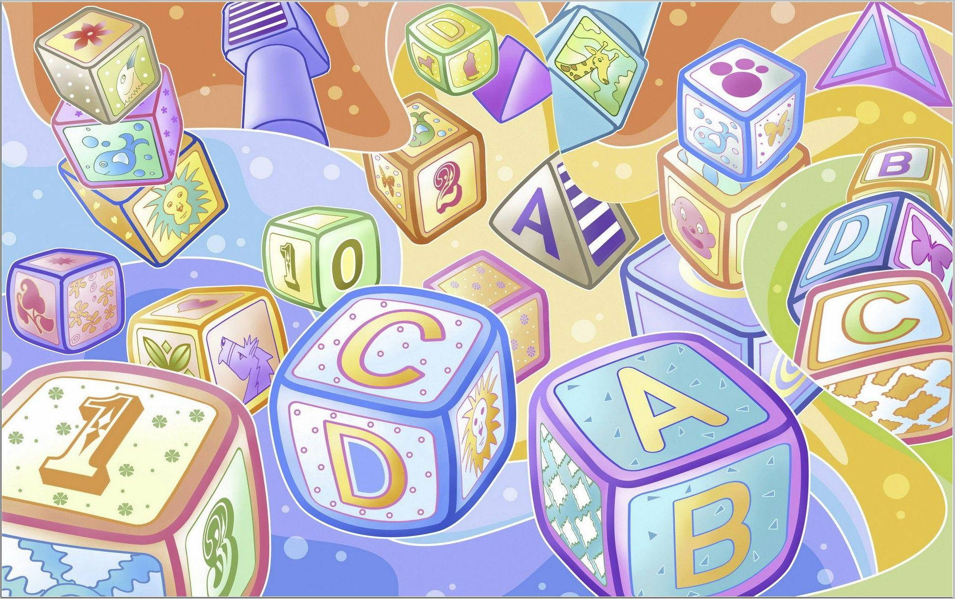 Abc, cartoonish block illustration, colorful floating alphabet and number blocks, Full HD Desktop Wallpaper