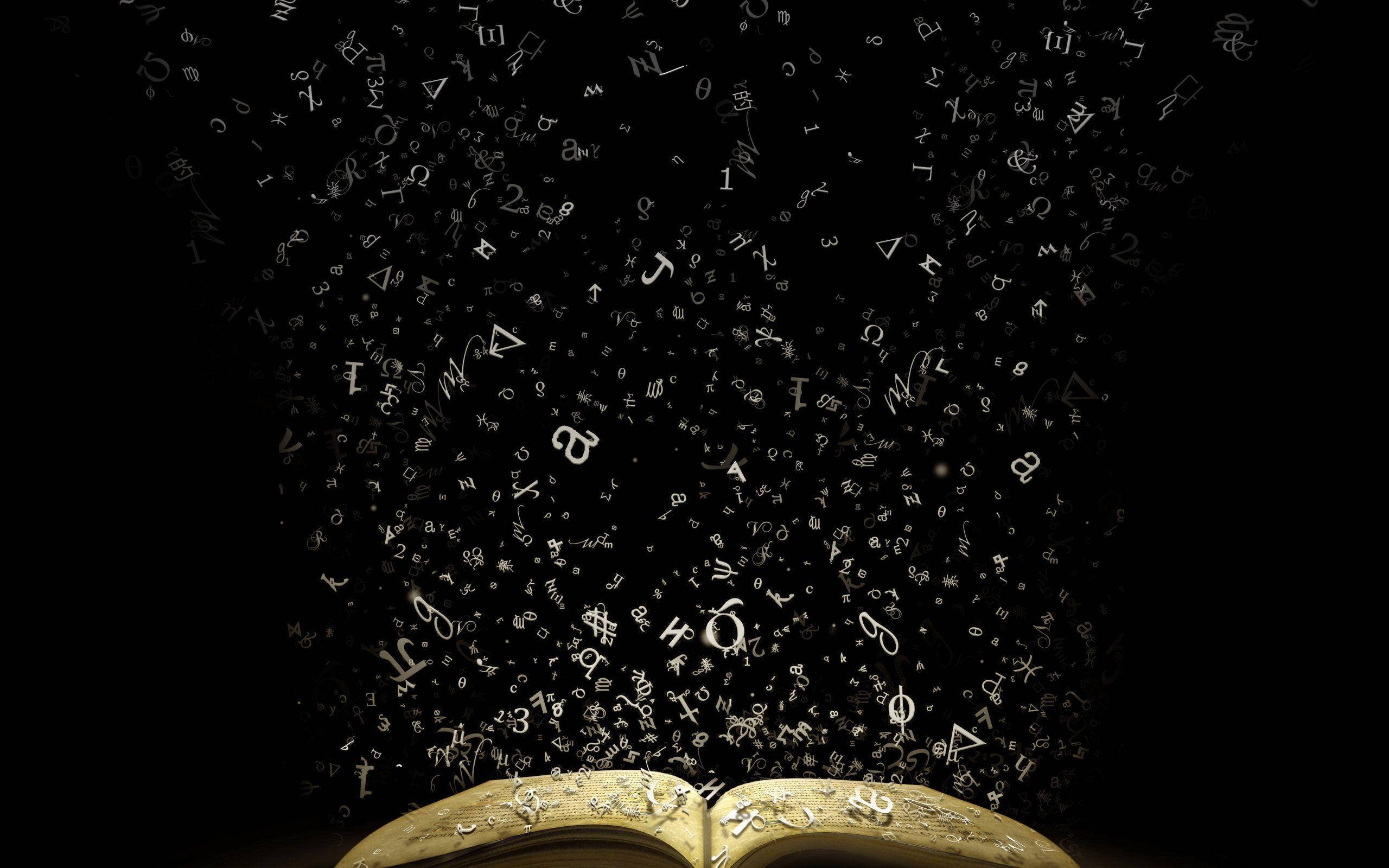 Abc, golden open book, glowing symbols, 2K Desktop Wallpaper
