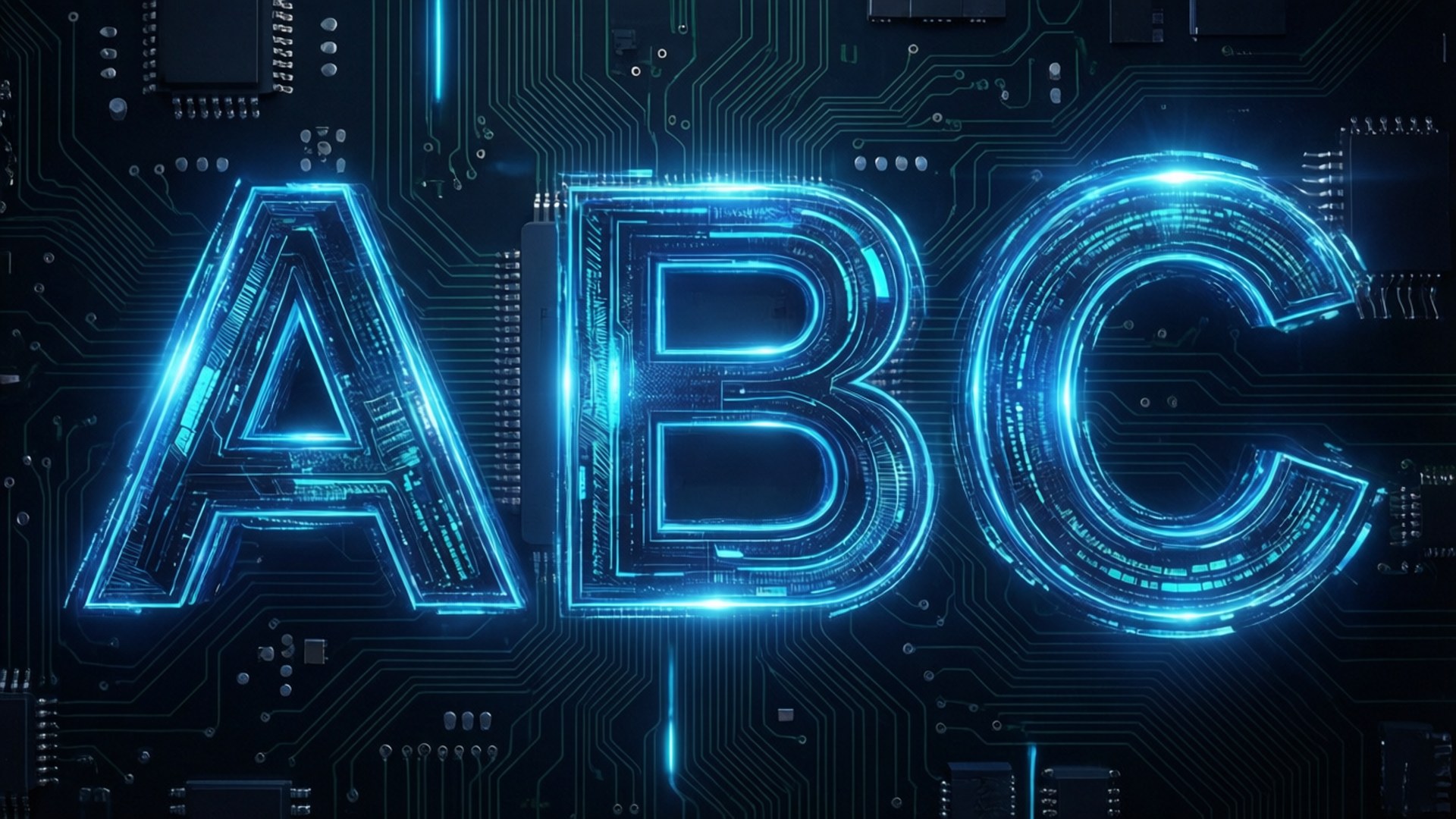 ABC, glowing blue neon, dark circuit board, Full HD Desktop Wallpaper