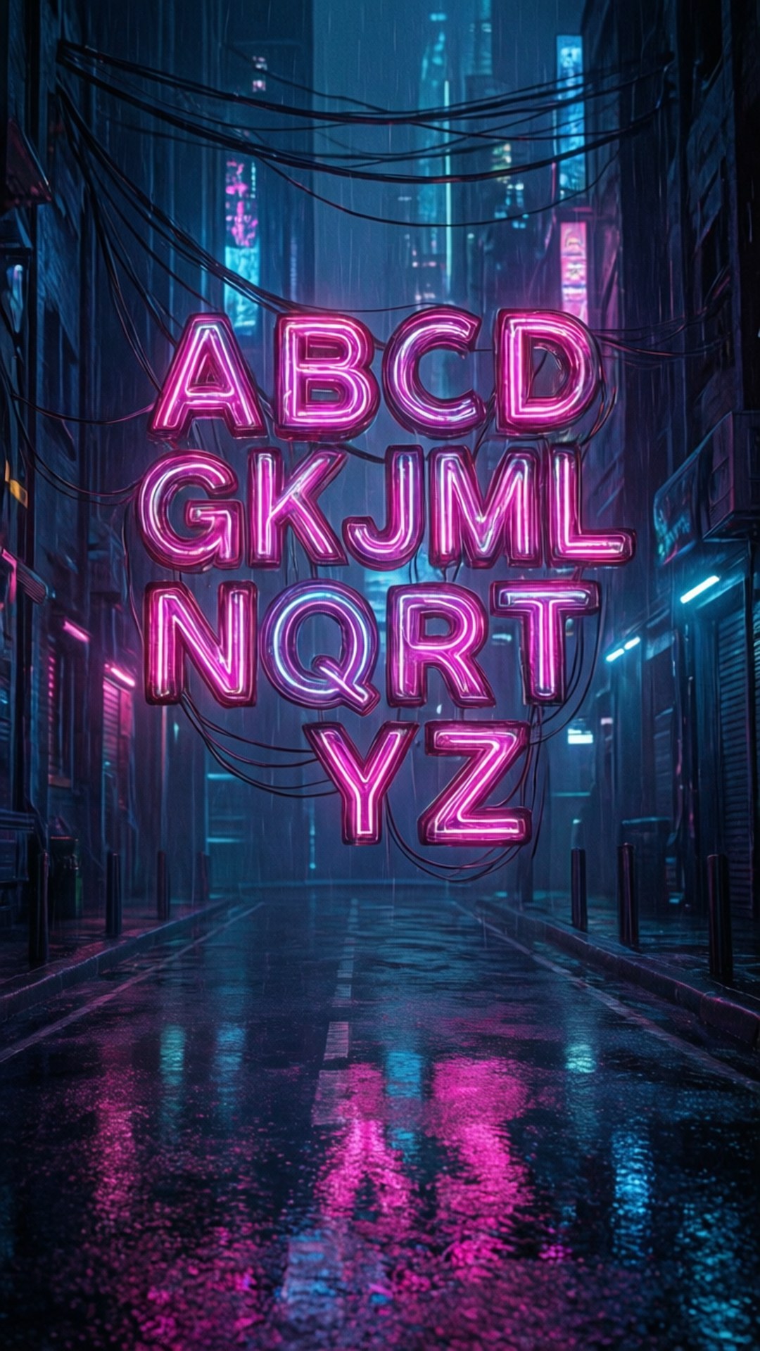 neon pink, alphabet letters, rain soaked cyberpunk alley, Full HD Phone Wallpaper