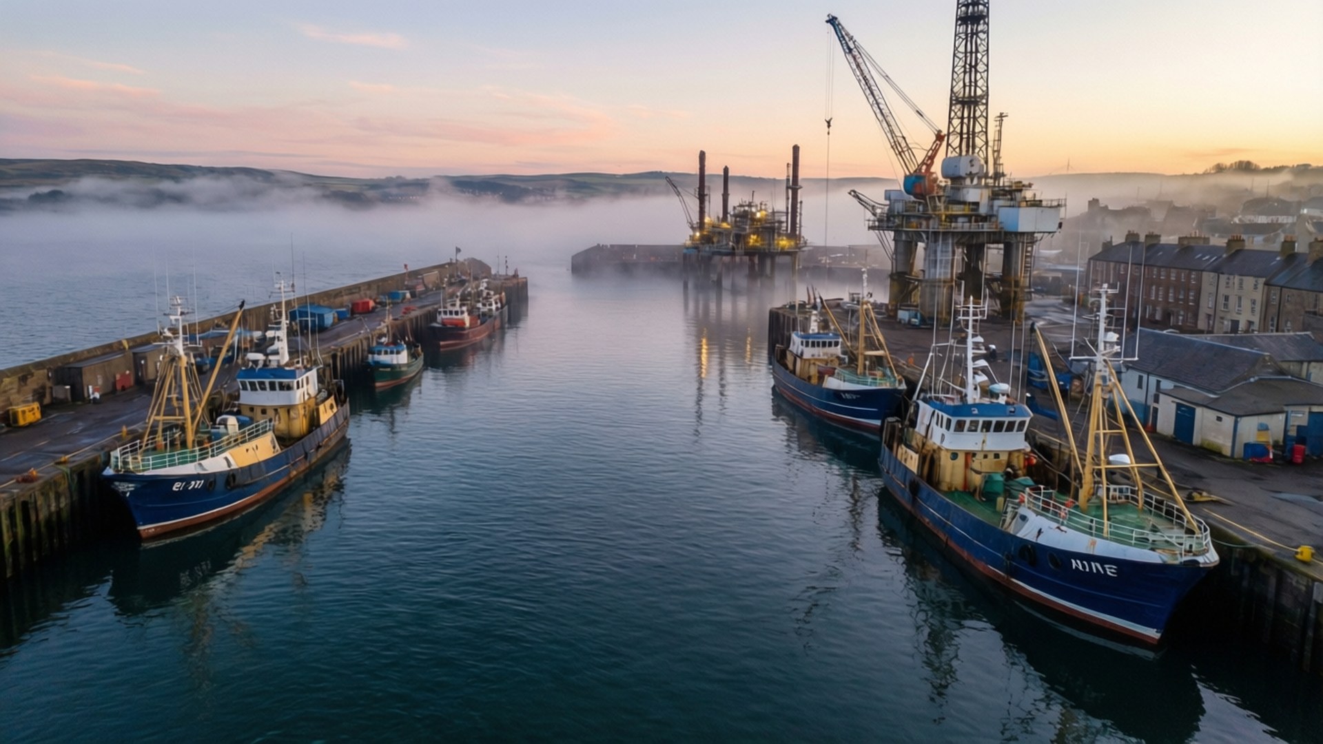 harbour dawn, fishing boats, misty harbor, Full HD Desktop Wallpaper