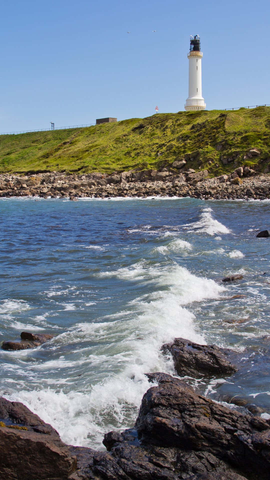Aberdeen, coastal lighthouse, grassy cliff, Full HD Phone Wallpaper