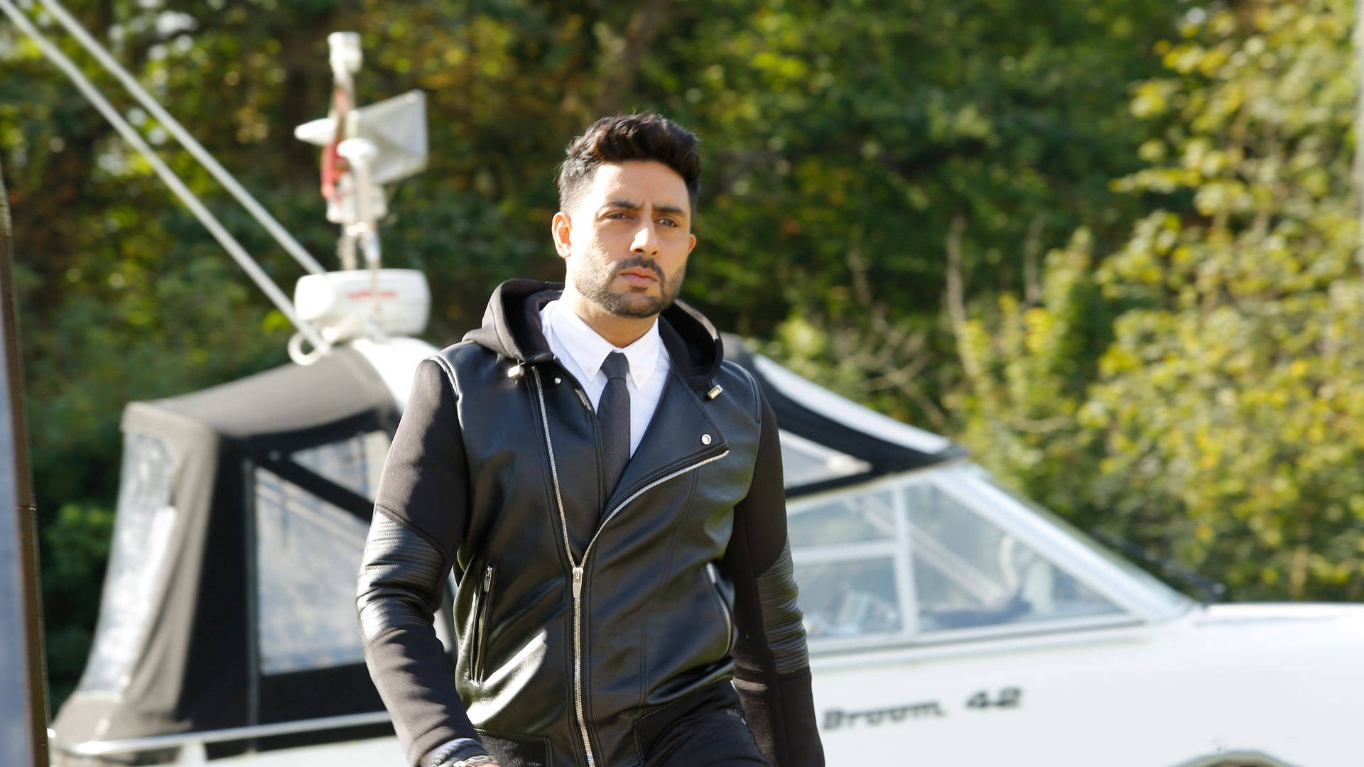 Abhishek Bachchan, black leather jacket, white boat, Full HD Desktop Wallpaper