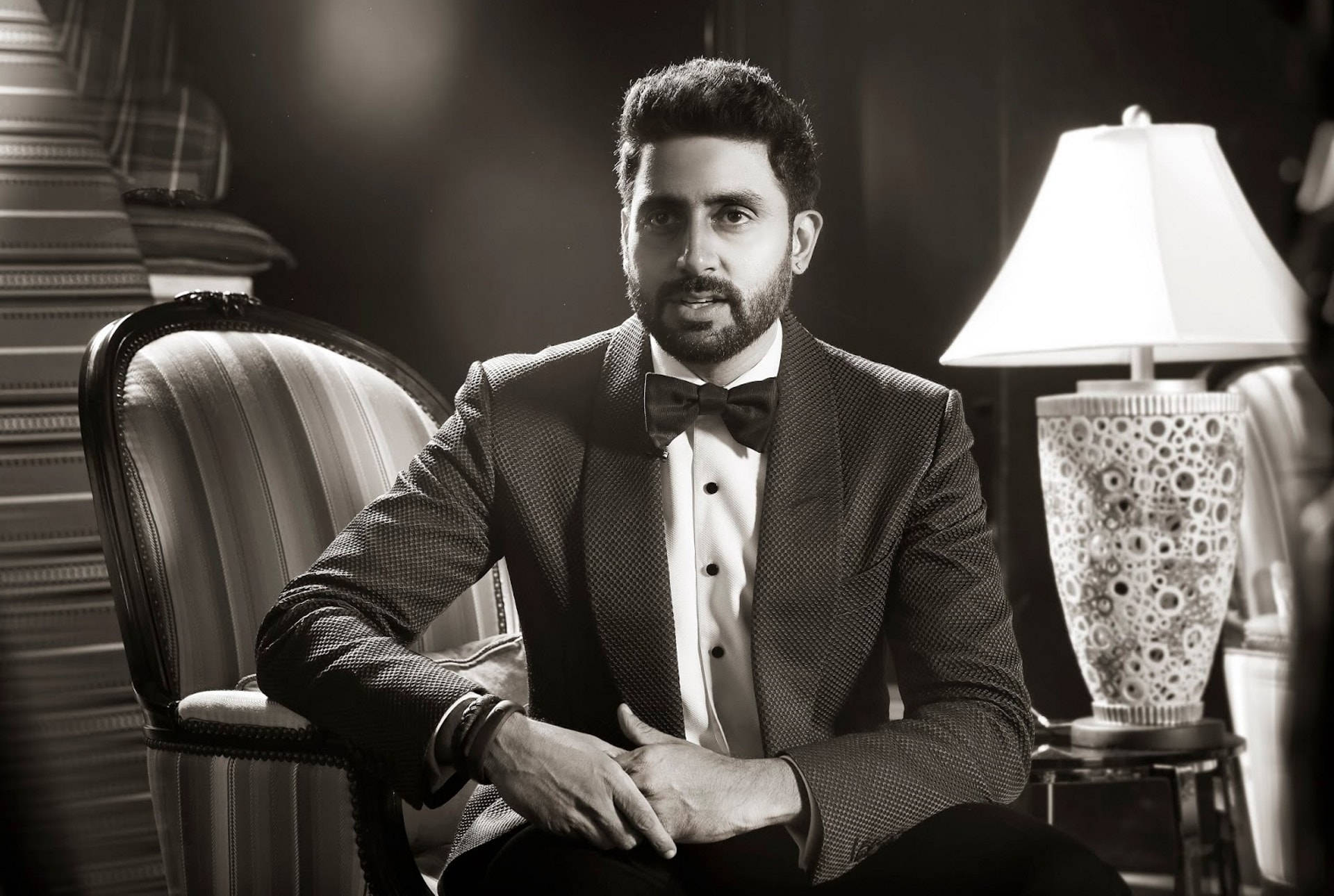 Abhishek Bachchan, tuxedo, ornate chair, Full HD Desktop Wallpaper