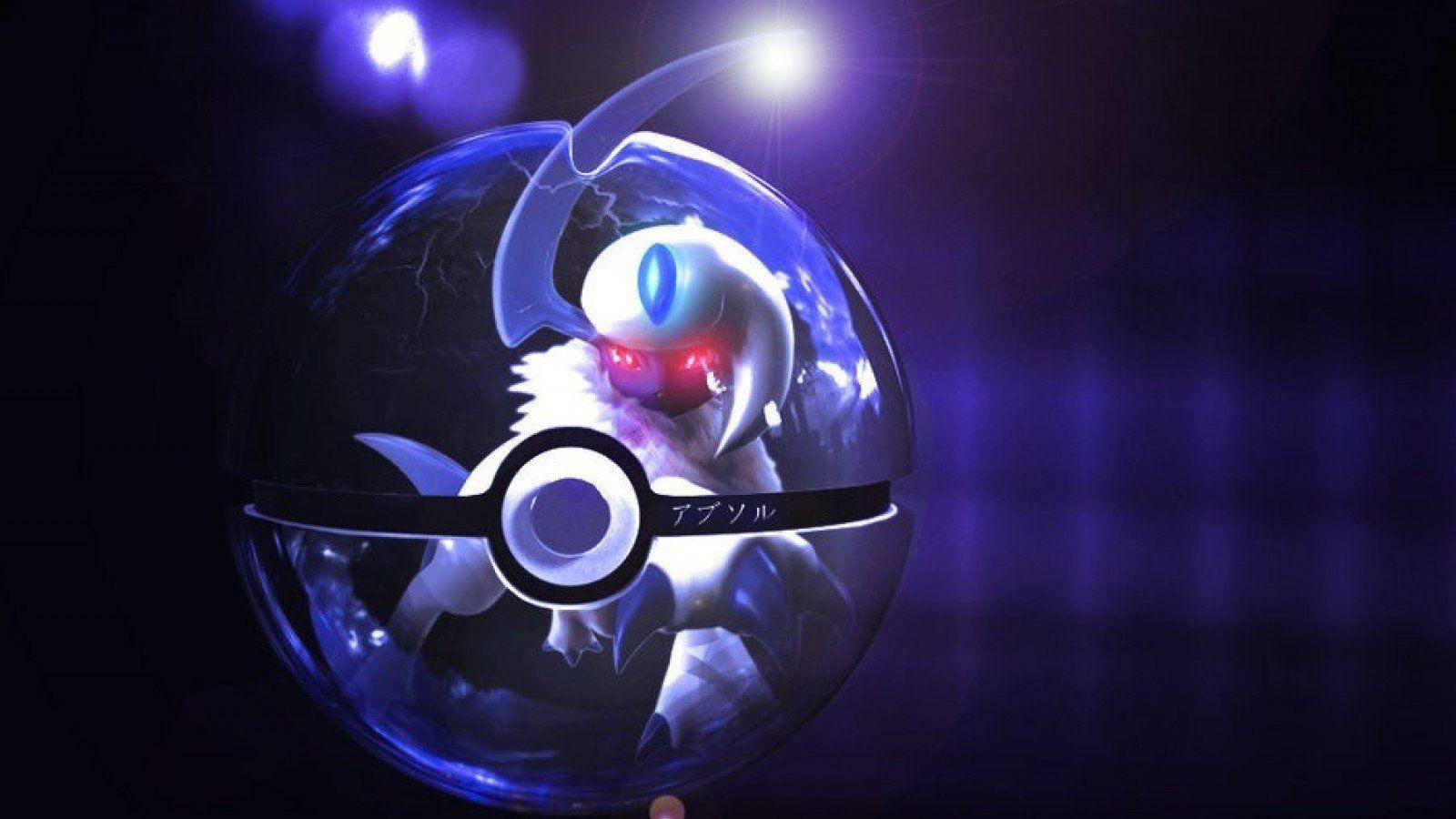 Absol, glowing red eyes, glowing blue Poké Ball, HD Desktop Wallpaper