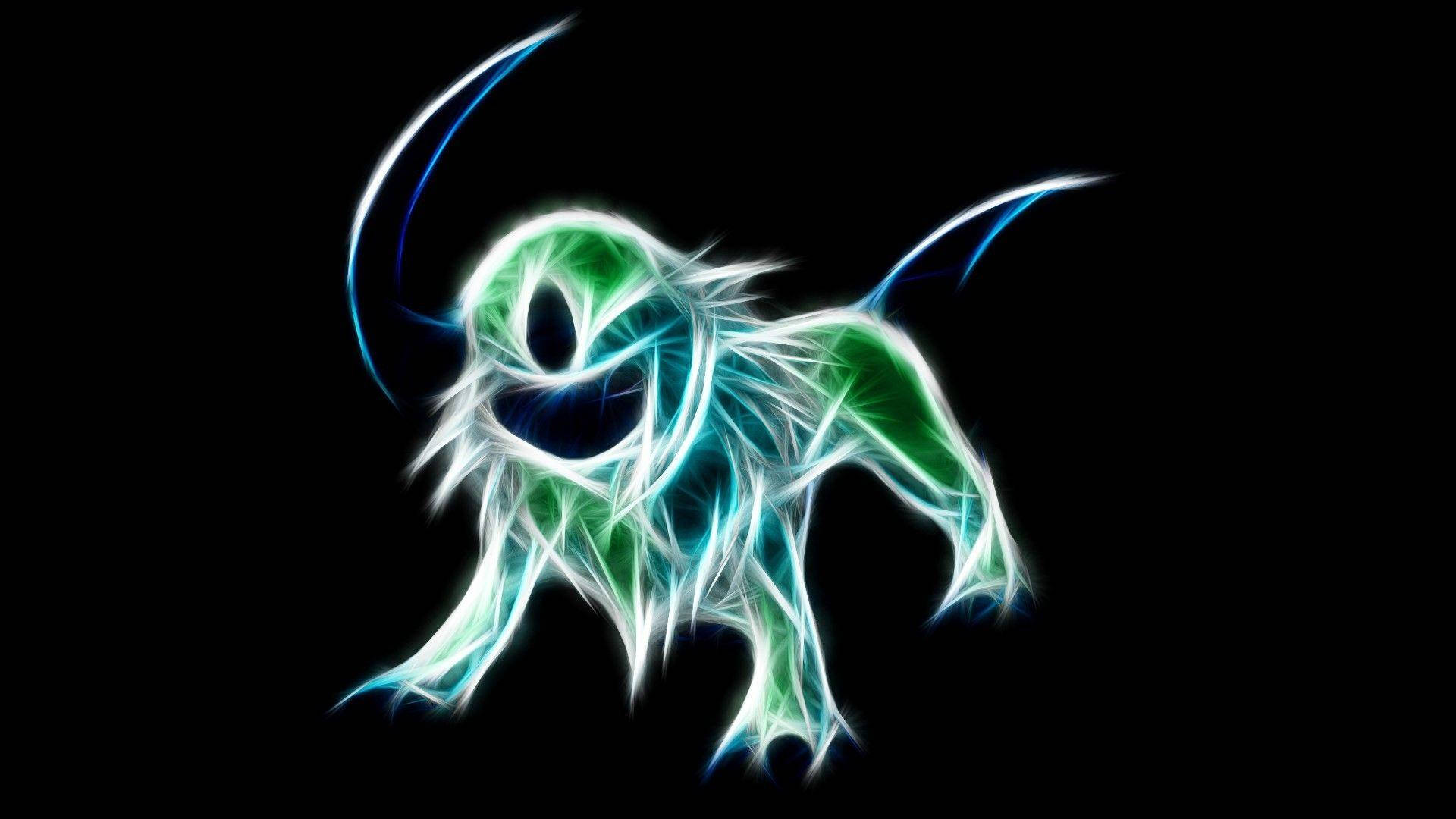 Absol, glowing green, blue neon, Full HD Desktop Wallpaper